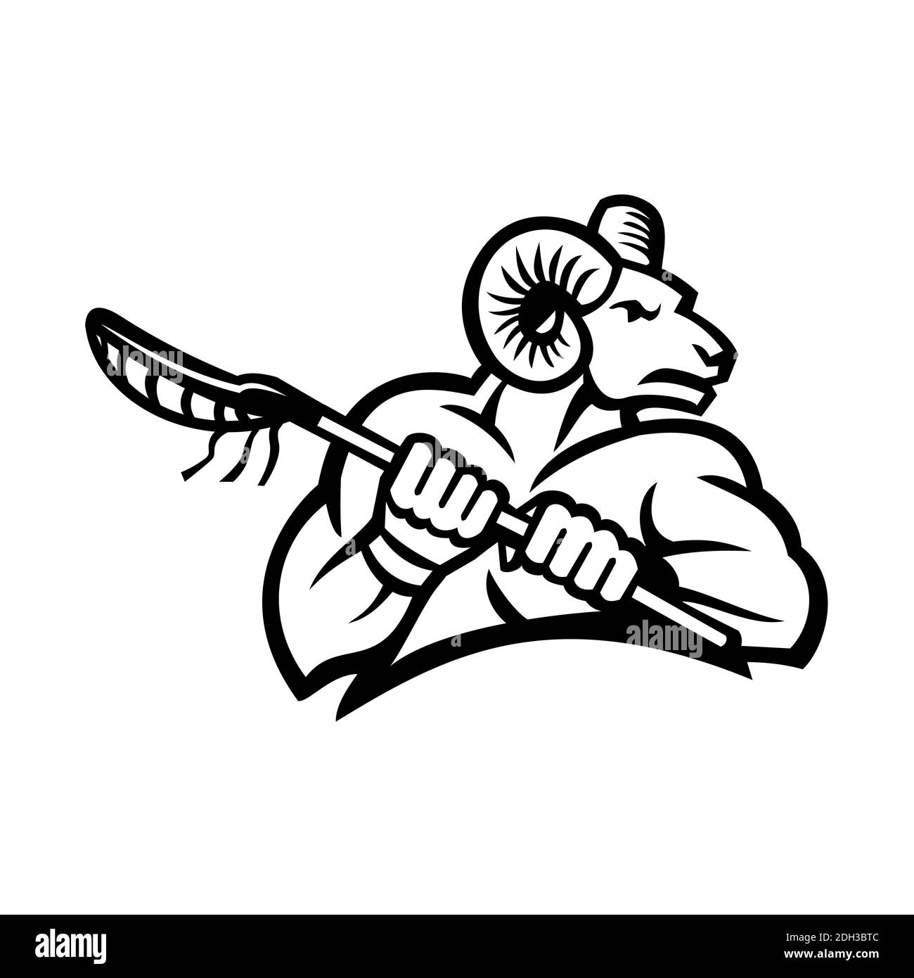 Bighorn RAM Mountain Goat oder Sheep mit einem Lacrosse Stick Schwarz und Weiß Stockfoto