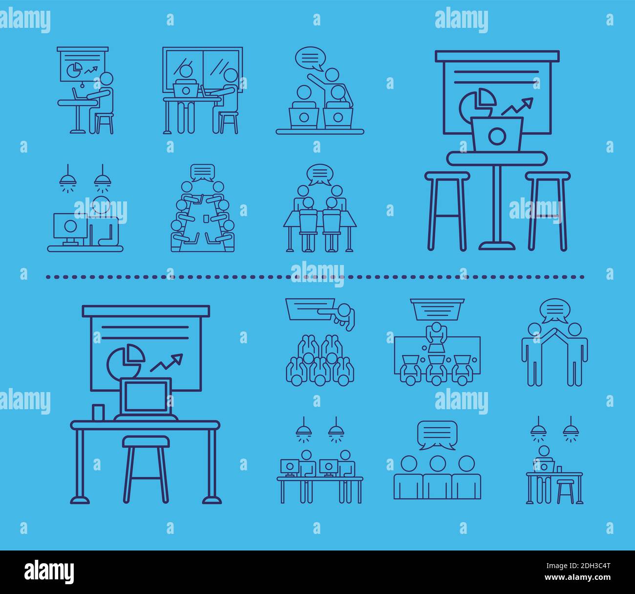Bundle of Workers Avatare Coworking Line Style Icons in blau Hintergrund Vektor Illustration Design Stock Vektor
