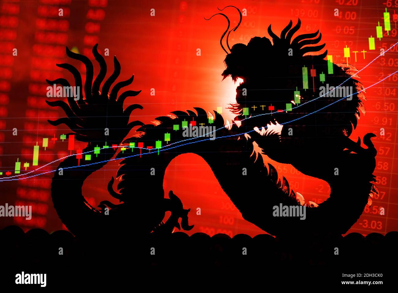 Anzeige des Kursdiagramms der chinesischen Börse. Dragon als Hintergrund bedeutet ein Konzept der chinesischen Wirtschaft. Die Grafik der Börse zeigt die Trendökonomie. Preis für roten Text Stockfoto
