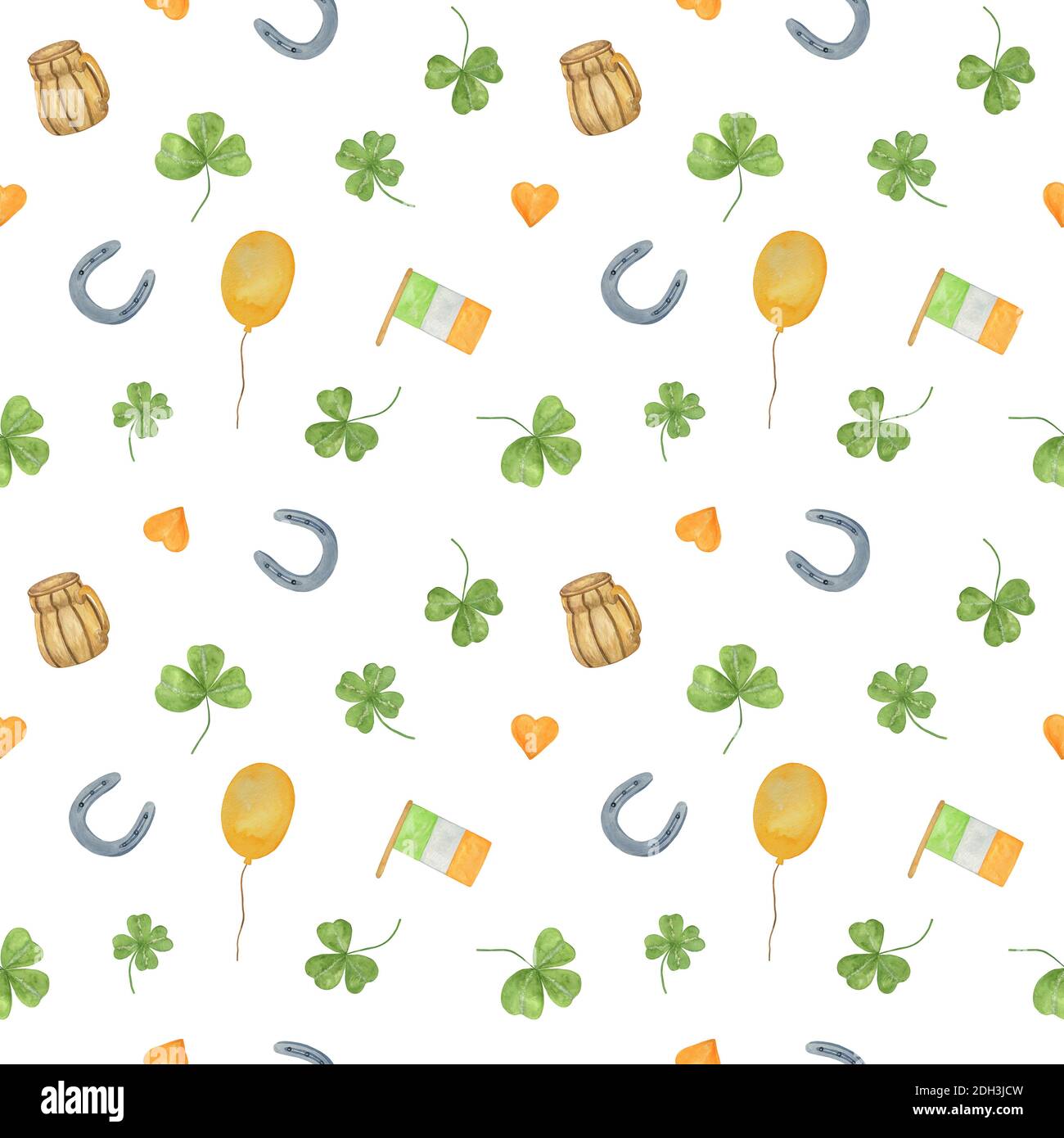 Hufeisen, Bierkrug, Ballon, Kleeblatt-Pflanzen-Blätter wiederholen Muster, symbolische Dekoration für nationalen irischen Feiertag St. Patrick's Day, symbolisiert Glück ein Stockfoto