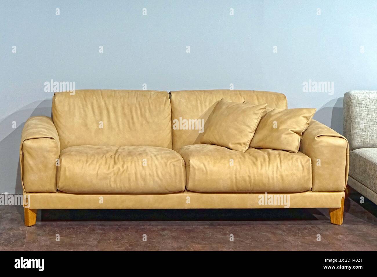 Modernes beigefarbenes Sofa mit Kissen im Wohnzimmer Stockfoto