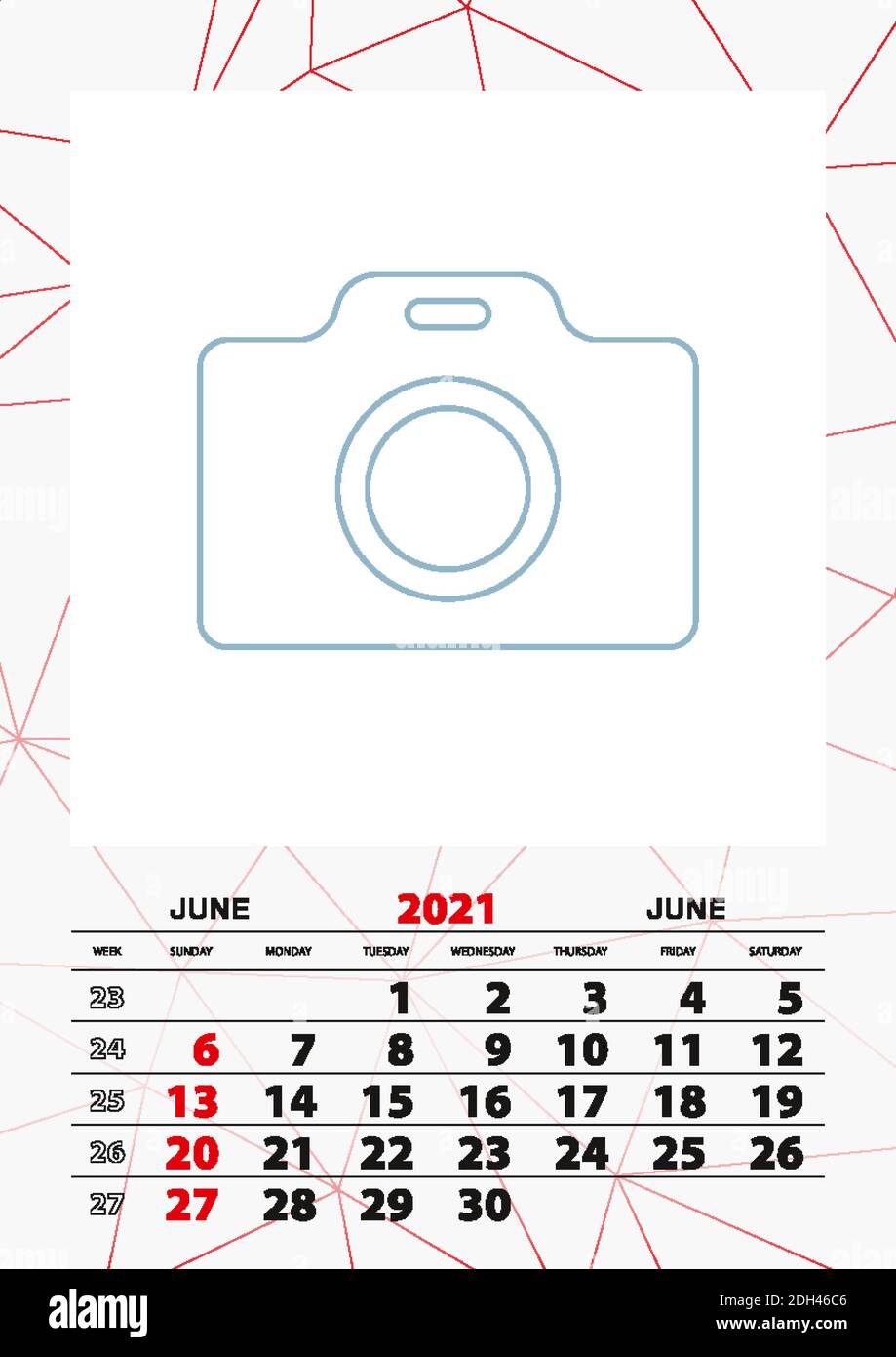 Wandkalender Planner Vorlage für Juni 2021, Woche beginnt am sonntag. Vektorgrafik. Stock Vektor