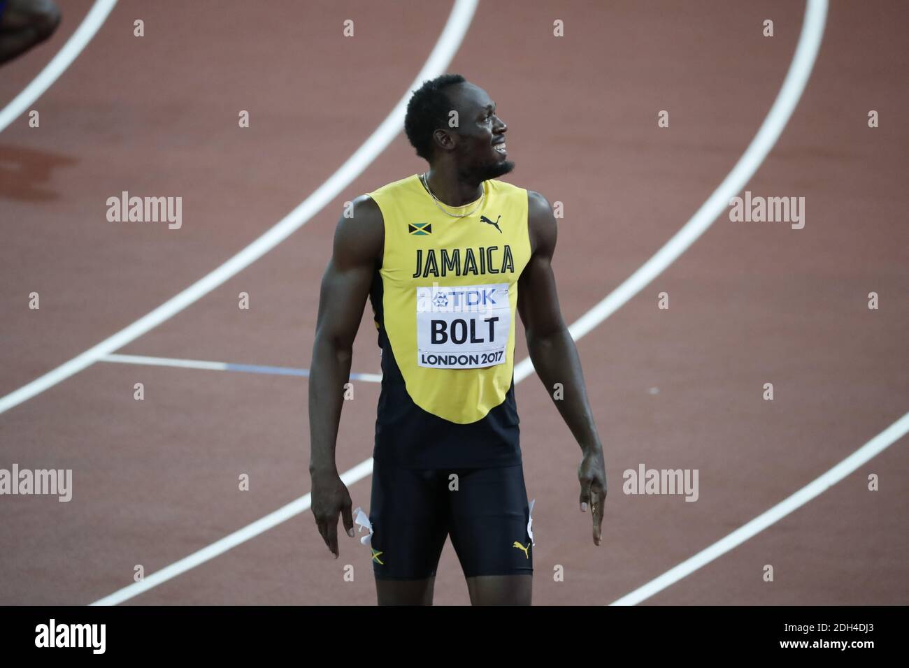 Jamaikas Usain Bolt in seinem letzten Einzelrennen wurde vom US-Amerikaner Justin Gatlin im Finale der 100 Meter während der IAAF Leichtathletik-Weltmeisterschaften 2017 im Olympiastadion, Queen Elisabeth Park, London, Großbritannien am 5. August 2017 besiegt.Foto von Henri Szwarc/ABACAPRESS.COM Stockfoto