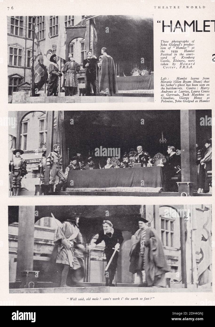 Vintage-Szenen aus dem Stück 'Hamlet' 1939 Hamlet Festival im Innenhof des Schlosses Kronborg, Elsinore. Stockfoto