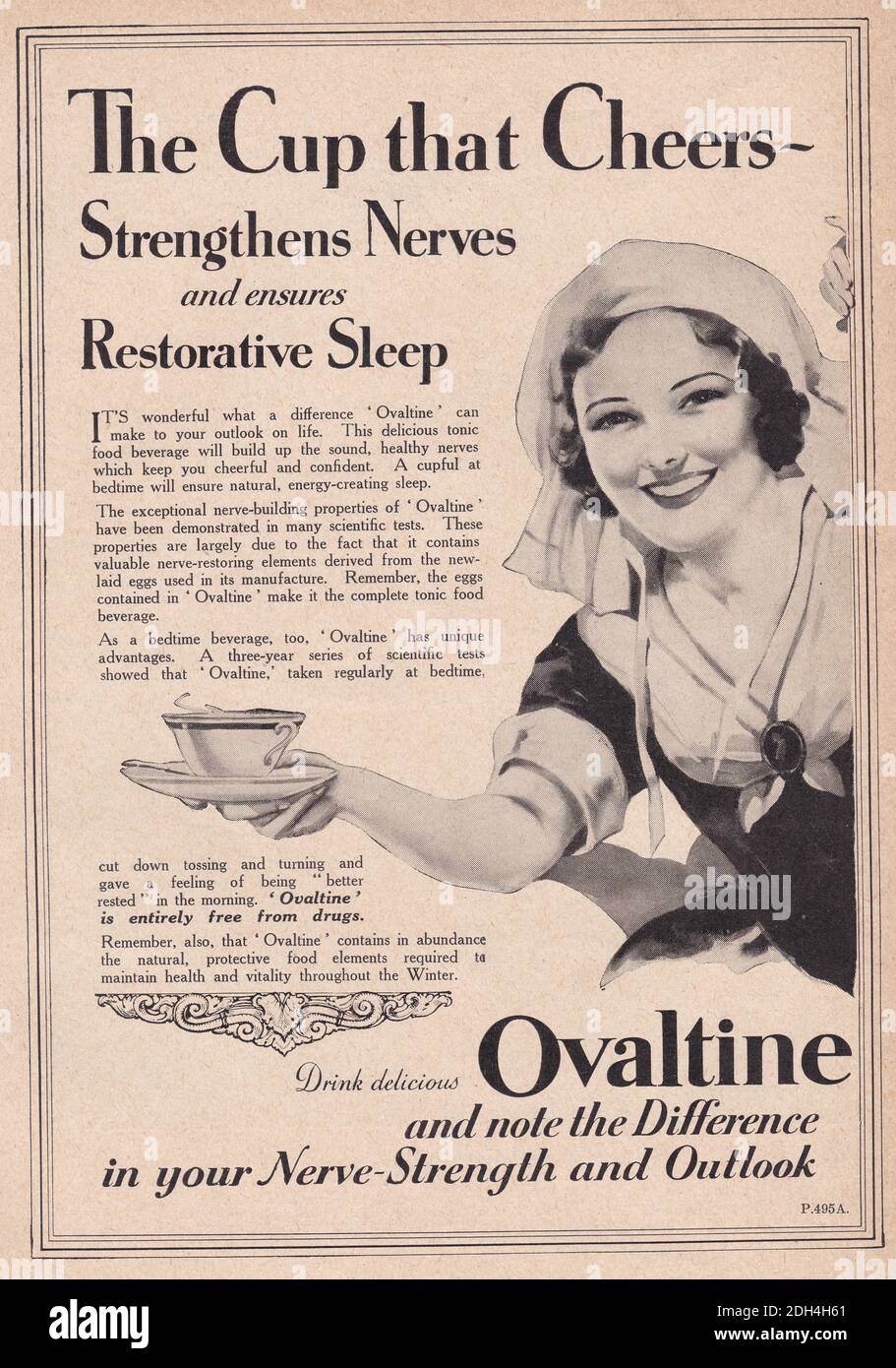 Vintage 1939 Werbung für Ovaltine - die Tasse, die Cheers - stärkt die Nerven und sorgt für erholsame Schlaf. Stockfoto