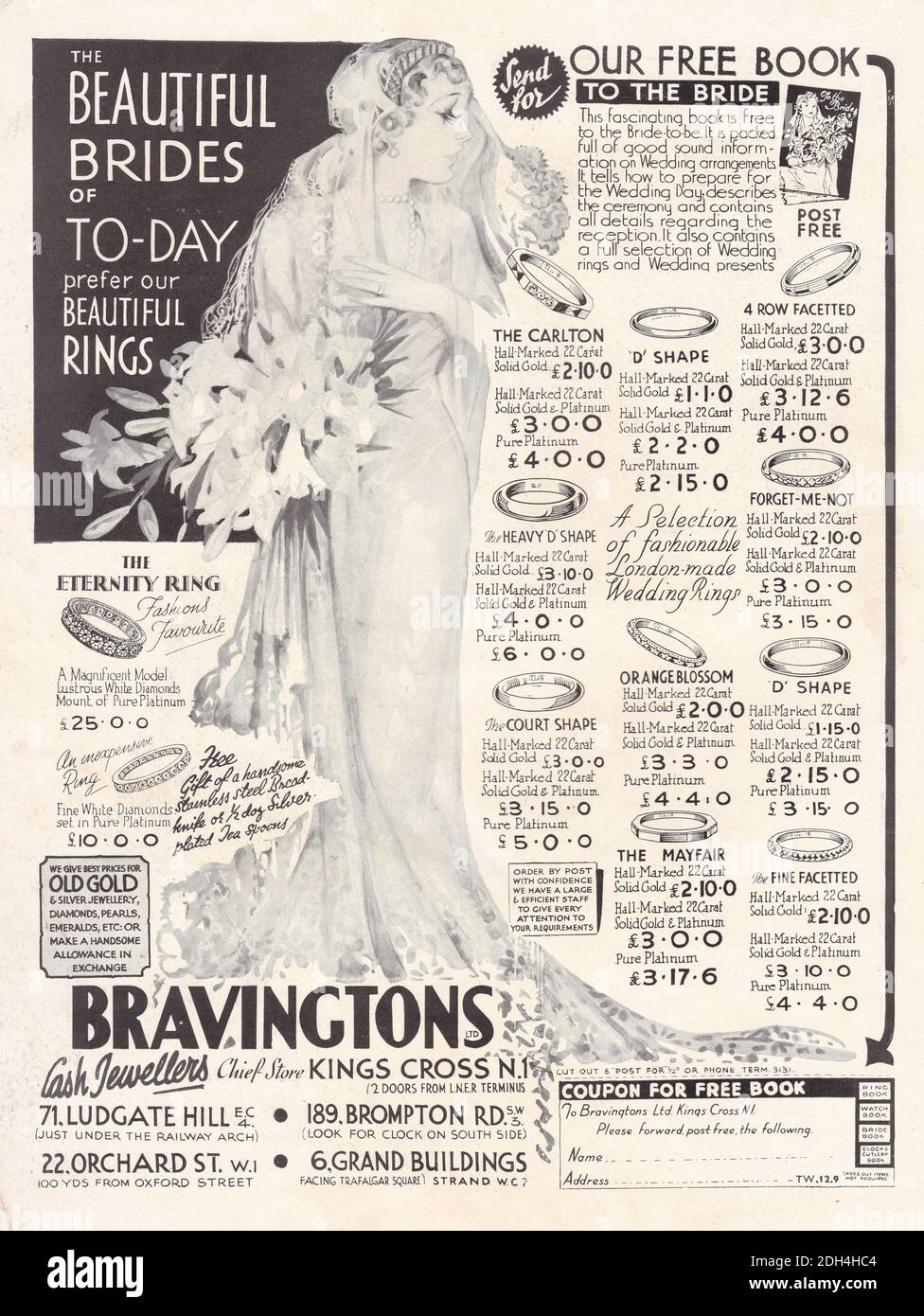 Vintage 1939 Anzeige für Bravingtons - Werbung Hochzeitskleid und Eheringe. Stockfoto
