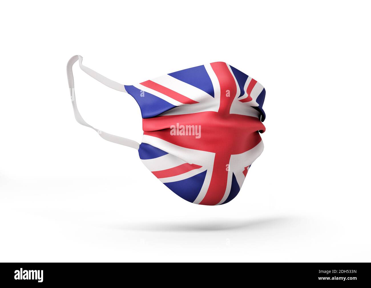 Coronavirus in Vereinigtes Königreich. Grafik der OP-Maske mit britischer Flagge. Medizinische Gesichtsmaske als Konzept der Coronavirus-Quarantäne. Coronavirus outbrea Stockfoto