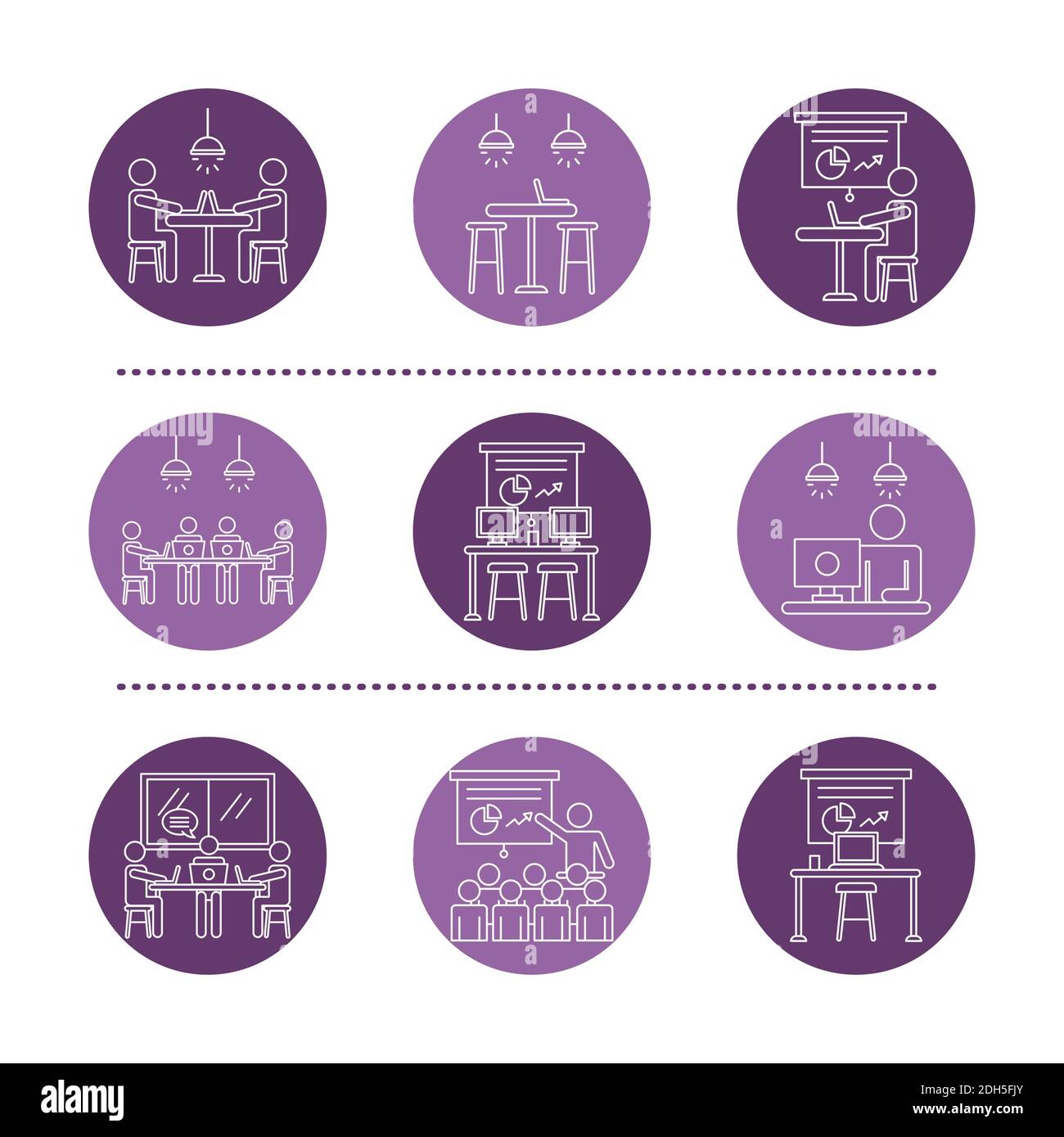 Bündel von lila Arbeiter Avatare Coworking Linie Stil Symbole Vektor Illustrationsdesign Stock Vektor