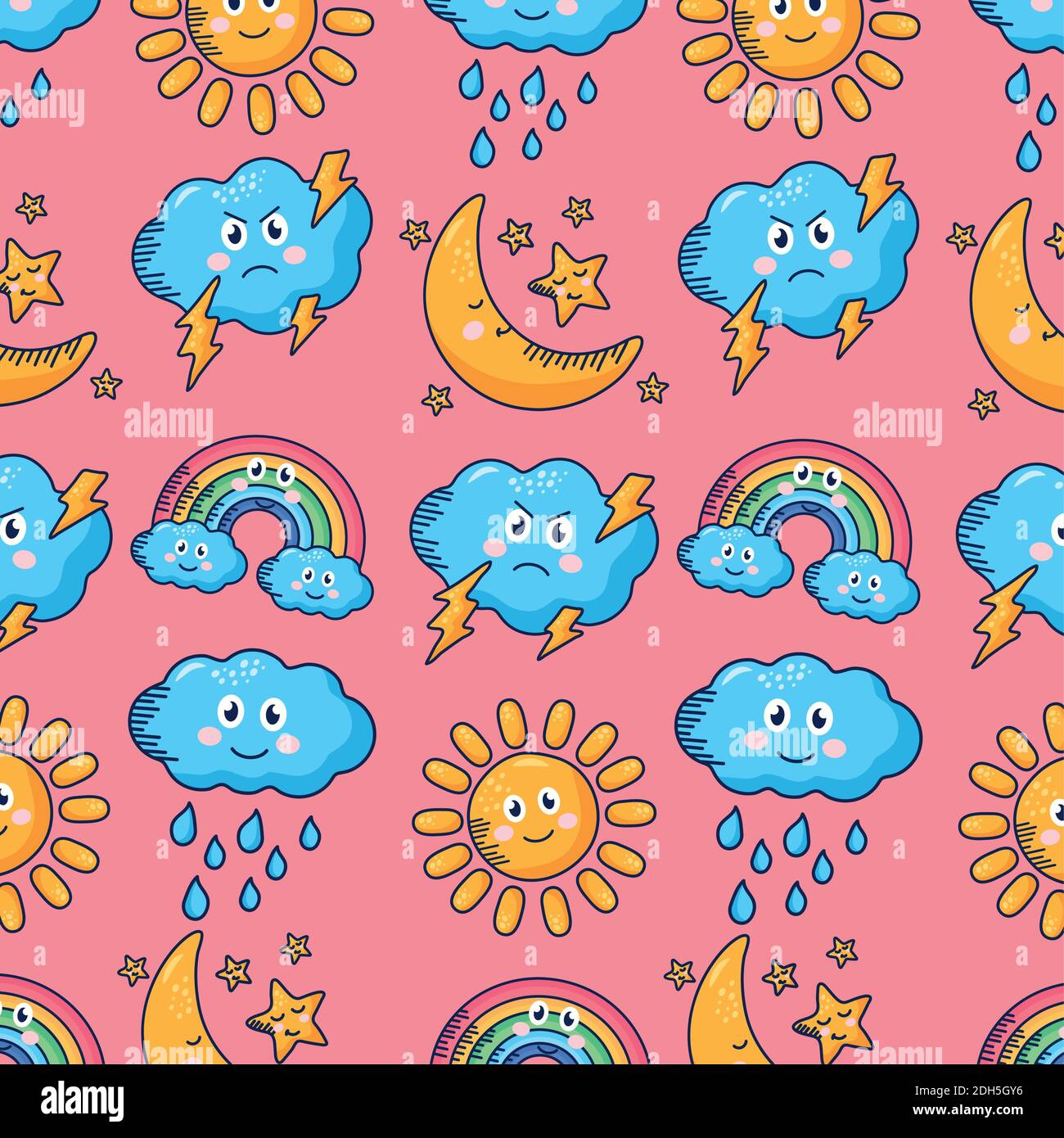 Kawaii Wetter Comic-Figuren Muster in rosa Hintergrund Vektor-Illustration Design Stock Vektor
