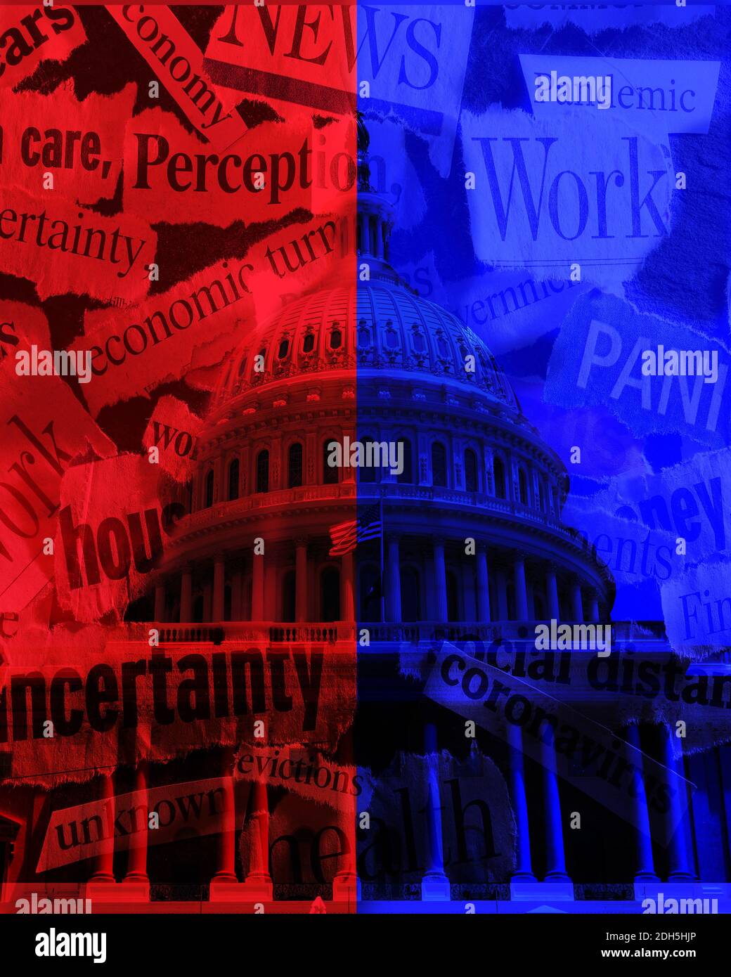 Die US Capitol Kuppel in Washington DC rot und blau Mit Coronavirus und Wirtschaftsnachrichten Stockfoto