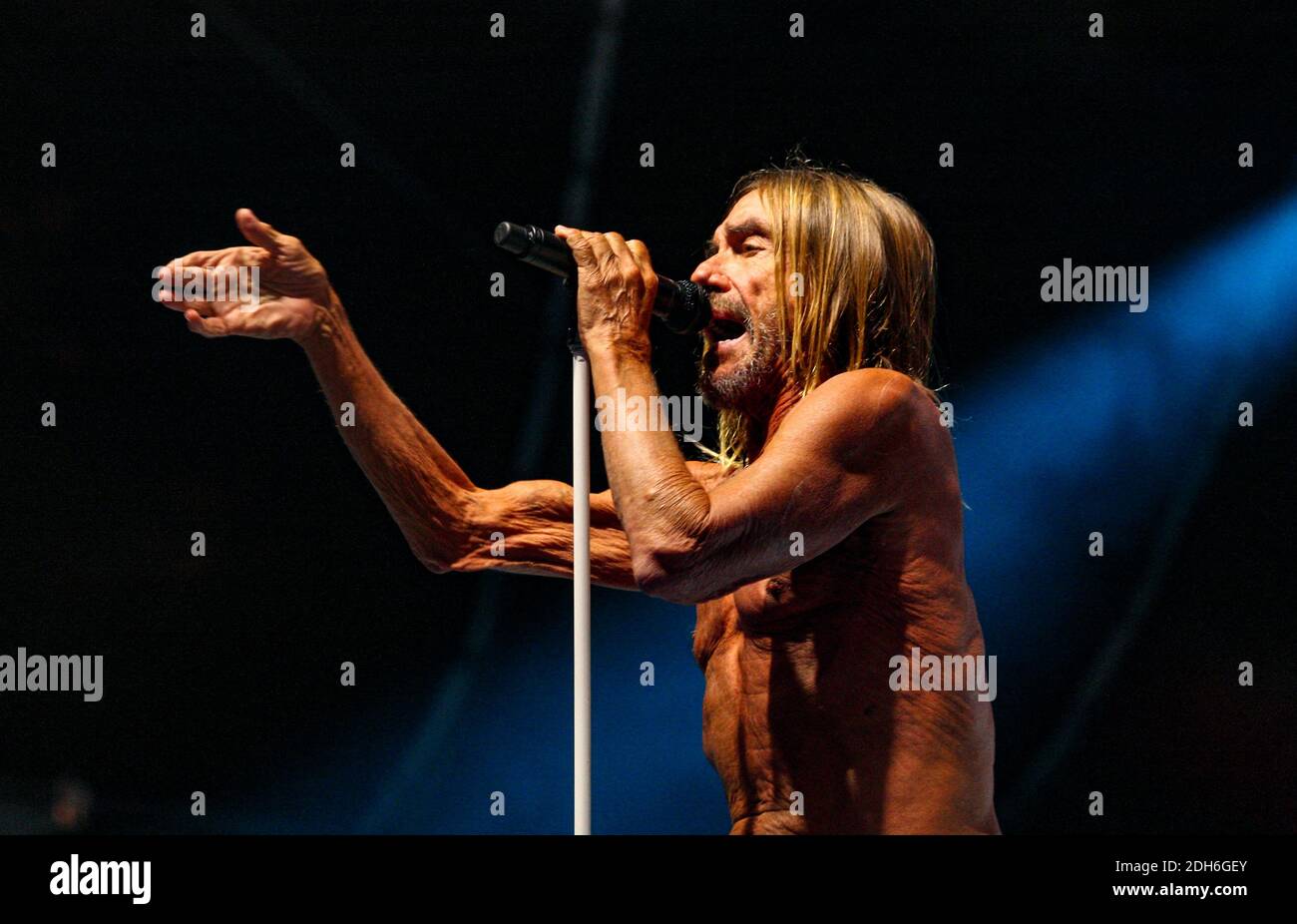 Iggy Pop des amerikanischen Sängers während seines Konzerts während des Musikfestivals 'Les Deferlantes Sud de France'. In Argeles sur mer, bei Perpignan, Frankreich am 10. Juli 2017. Foto ABACAPRESS.COM Stockfoto