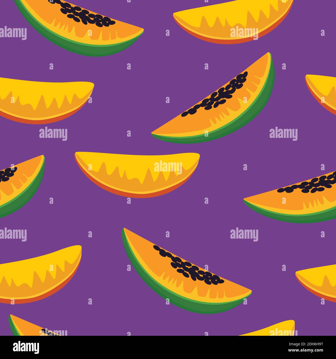 Nahtloses Muster mit Papaya- und Mangoscheiben auf violettem Hintergrund. Stock Vektor