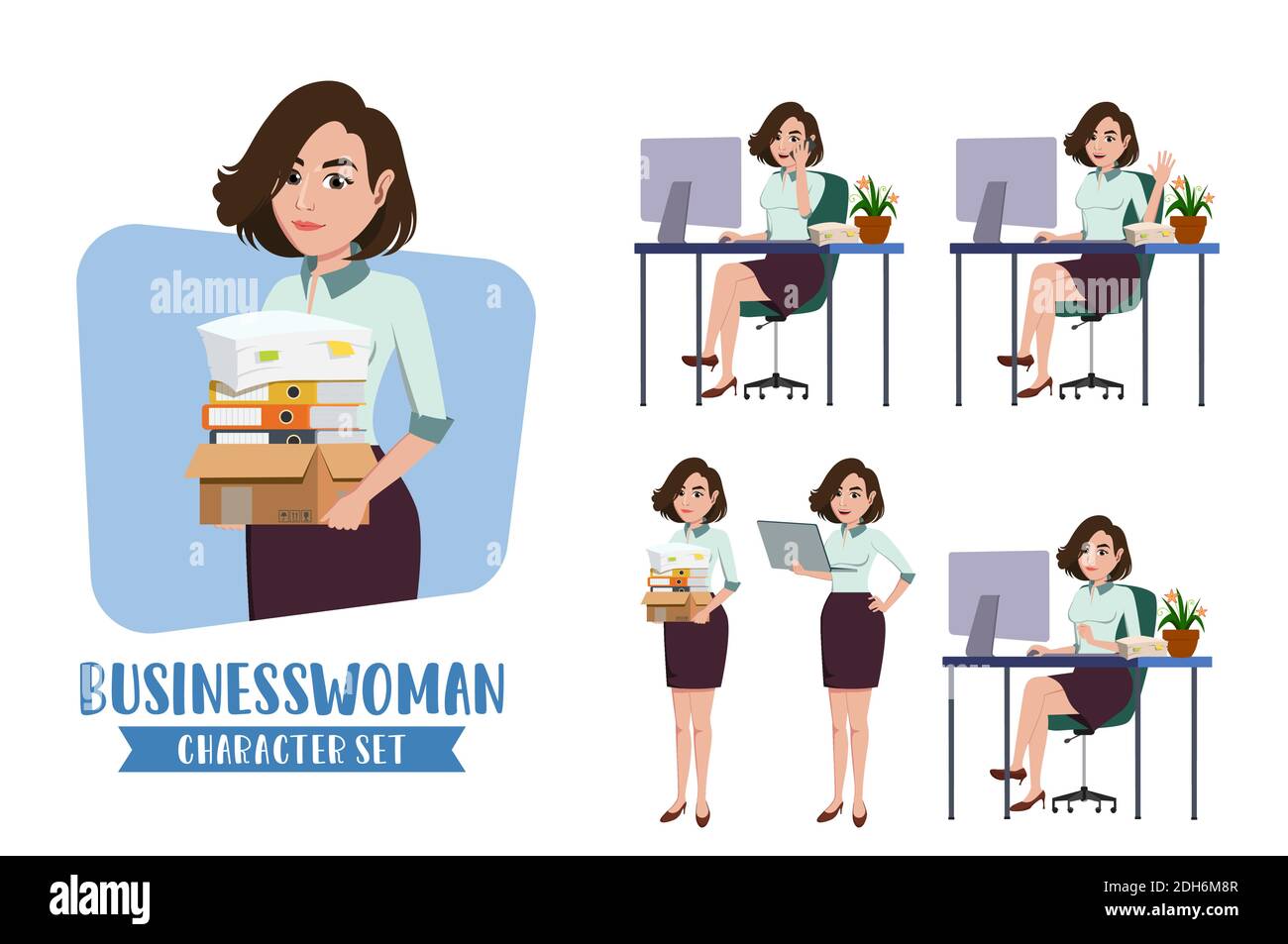Geschäftsfrau-Charaktervektorsatz. Geschäftsfrau, Geschäftsfrau, Büroangestellter, sitzt im Büro und hält Dokumente und Papierwerke Stock Vektor