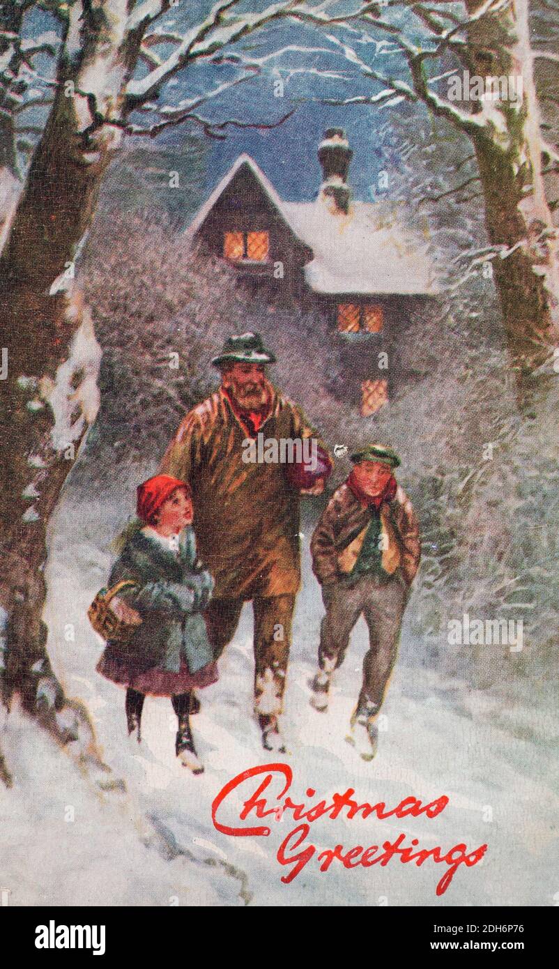 Winterszene Weihnachtsgrüße Vintage Postkarte Stockfoto