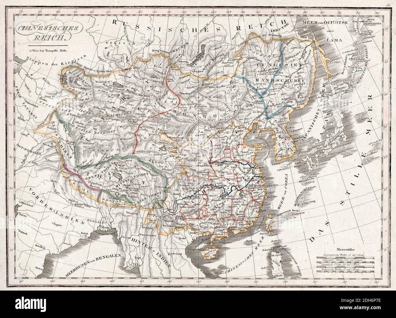 Eine deutsche Karte des chinesischen Reiches während der Blütezeit der Qing-Dynastie. Die Qing-Dynastie gilt als eine zentrale Ebene Dynastie, eine vereinte Dynastie und eine Eroberung-Dynastie - 1810 Stockfoto