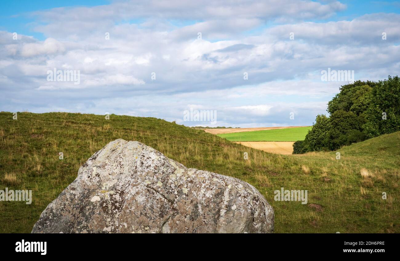 Beeindruckende stehende Steine aus dem historischen Kreis in Avebury Wiltshire. Schafe können zwischen den massiven Felsen grasen gesehen werden. Stockfoto