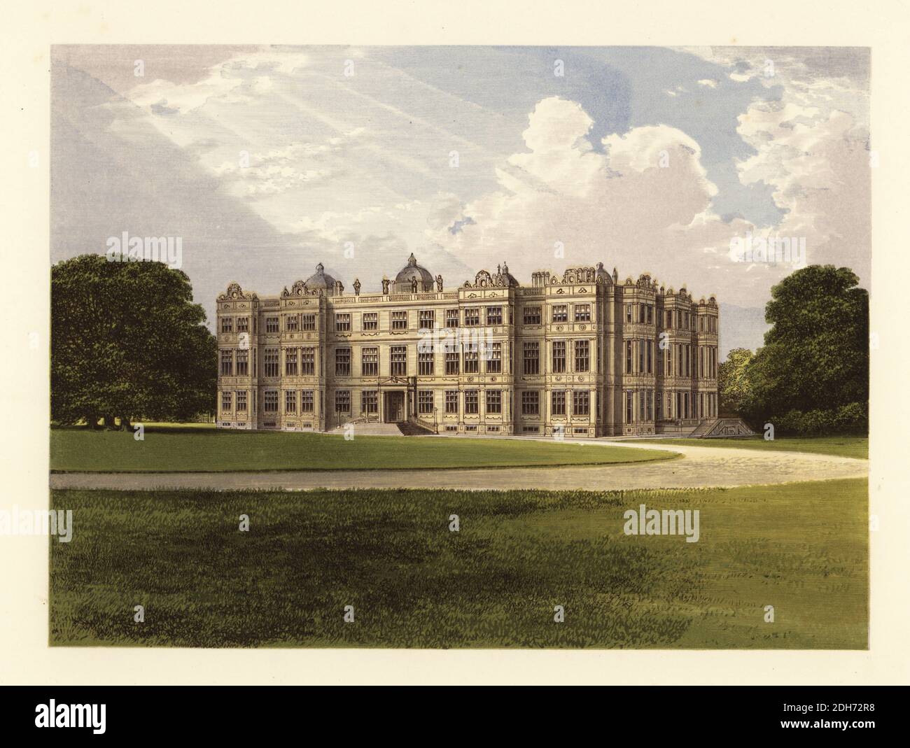 Longleat, Wiltshire, England. Elisabethanische Wunderhaus von Robert Smythson für Sir John Thynne im Jahr 1579 entworfen. Capability Brown gestaltete die Gärten und Jeffry Wyatville renovierte das Haus im 18. Jahrhundert. Heimat der Marquess of Bath. Farbholzschnitt von Benjamin Fawcett im Baxter-Prozess einer Illustration von Alexander Francis Lydon aus Reverend Francis Orpen Morris A Series of picturesque views of the Seats of Noblemen and Gentlemen of Great Britain and Ireland, William Mackenzie, London, 1880. Stockfoto