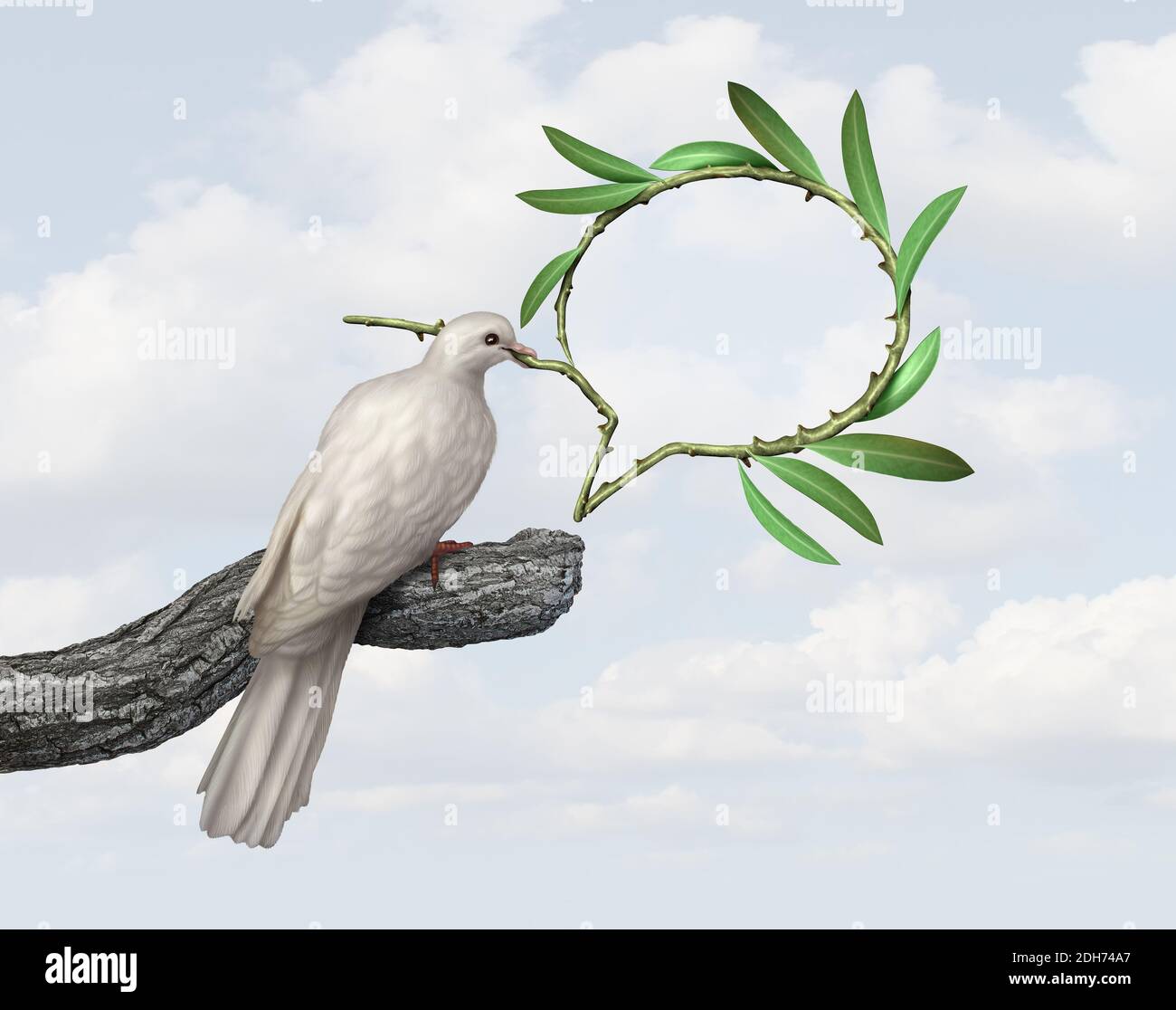 Friedensgespräche Konzept mit einer Taube mit einem Olivenzweig geformt als Sprechblase als Symbol der globalen Diplomatie und Hoffnung für die Menschheit. Stockfoto