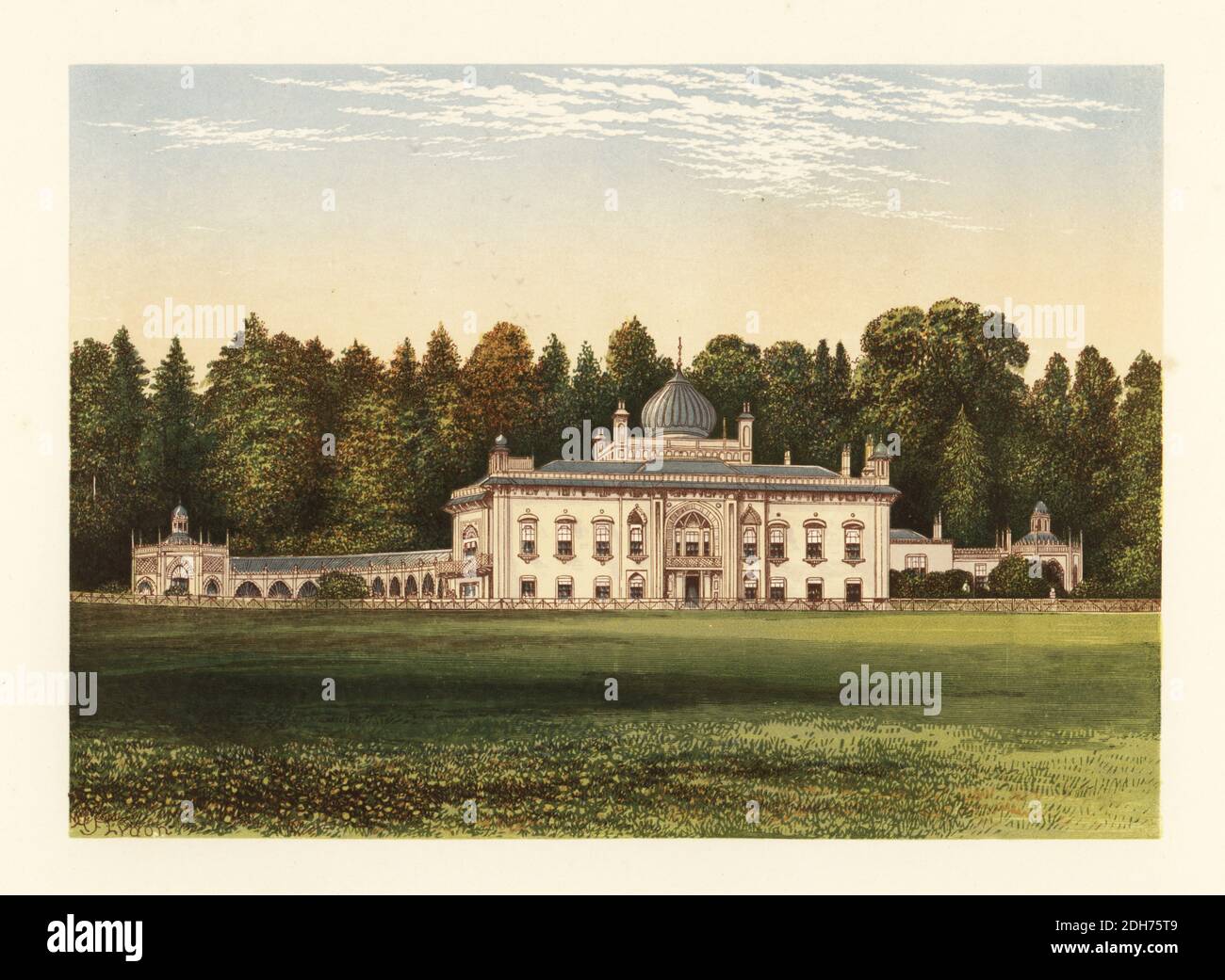 Sezincote House, Gloucestershire, England. Georgianisches Haus im Neo-Mughal-Stil, entworfen vom Architekten Samuel Pepys Cockerell, gestaltet von Humphry Repton, erbaut 1805. Das Haus mit kupferbedeckter Kuppel war im Besitz von Sir Charles Cockerell, 1. Baronet, East India Company Offizieller, Bankier und Sklavenbesitzer in Mauritius (52 versklavt). Der Sohn des Architekten besaß auch 10 Plantagen in Jamaika (1,998 versklavt). Farbholzschnitt von Benjamin Fawcett im Baxter-Prozess einer Illustration von Alexander Francis Lydon aus Reverend Francis Orpen Morris malerischen Ansichten der Sitze von Adligen und Sanftmütig Stockfoto