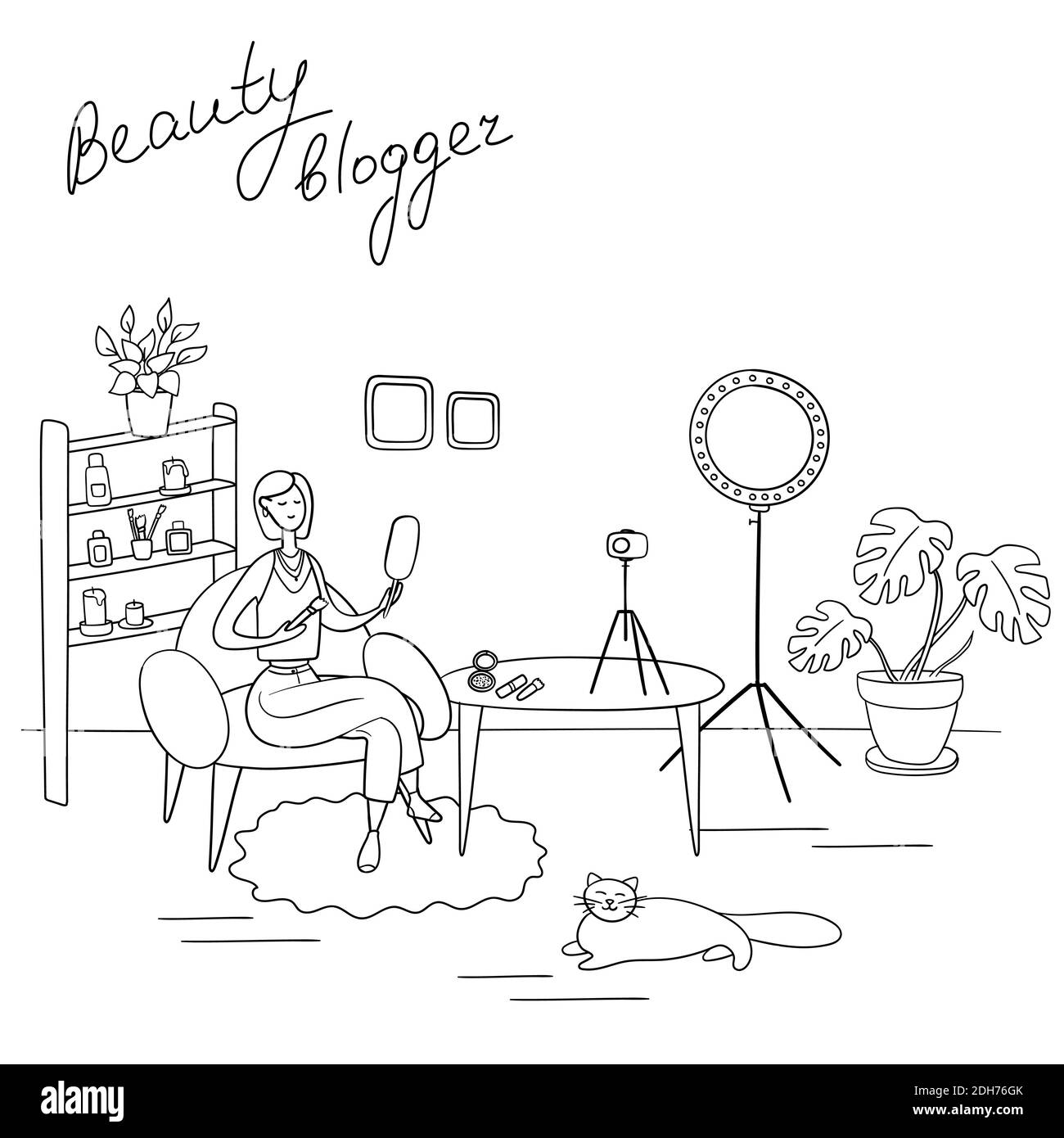 Beauty-Blogger. Junge Frau nimmt Video auf. Makeup-Künstlerin reviews Kosmetik auf ihrem Blog. Handgezeichnete Vektorgrafik im Cartoon-Stil Stock Vektor