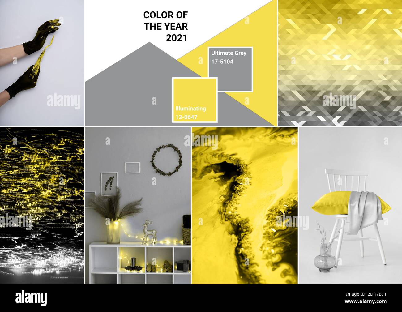 Interieur, Hintergründe und Texturen. Collage zeigt trendige Farben 2021 - Grau und Gelb. Stockfoto