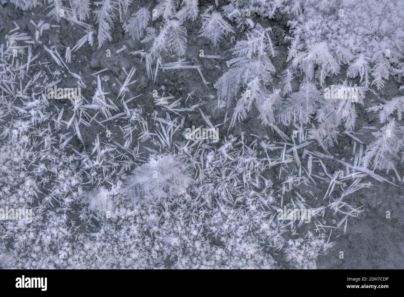 Schöne abstrakte Winter Hintergrund mit Mustern von Schneeflocken, Schnee und Eiskristalle auf dem Wasser in einem Bach Nahaufnahme Stockfoto