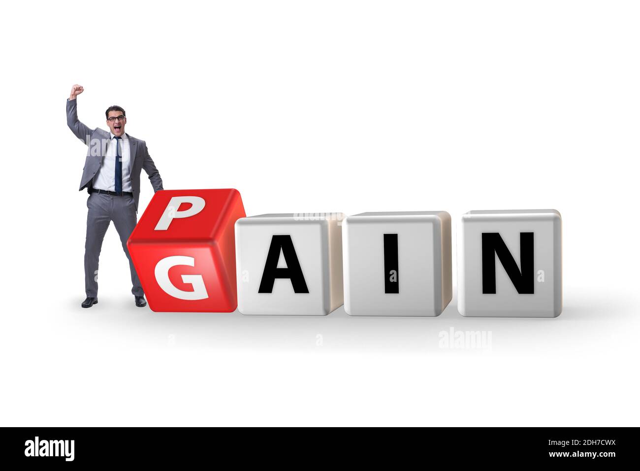 Kein Schmerz kein Gewinn Konzept mit Geschäftsmann Stockfoto