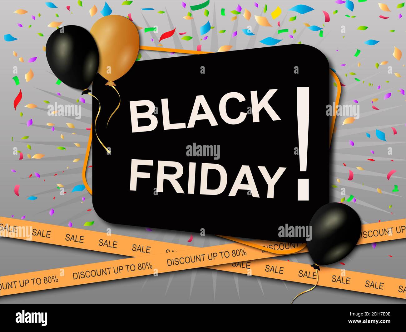 Black Friday Shopping Poster. Sale Rabatt Banner mit orange und schwarz Ballons und umschließendes Band Stockfoto