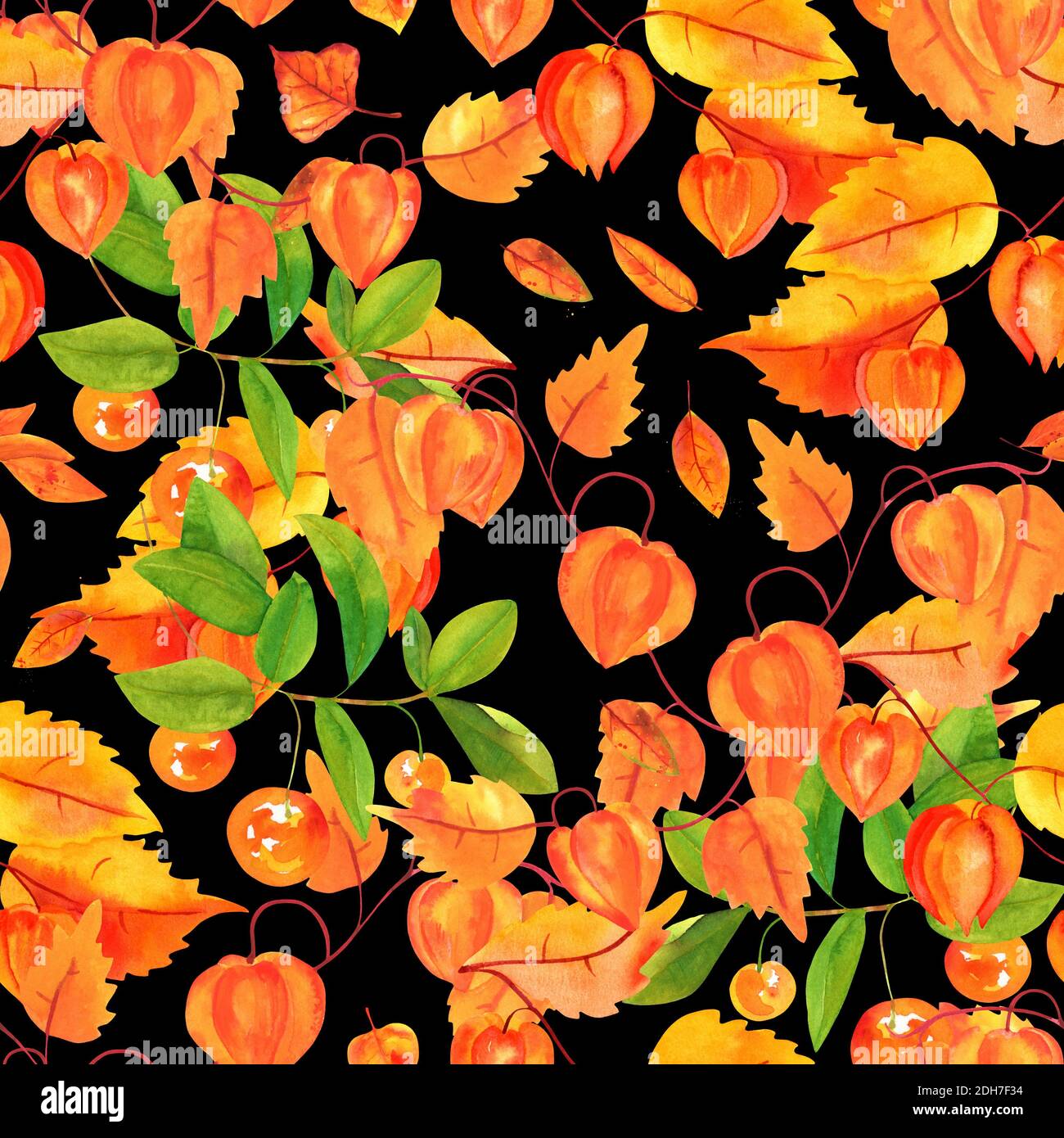 Nahtloses Muster mit wasserfarbenen Herbstblättern, mit Physalis und Beeren Stockfoto