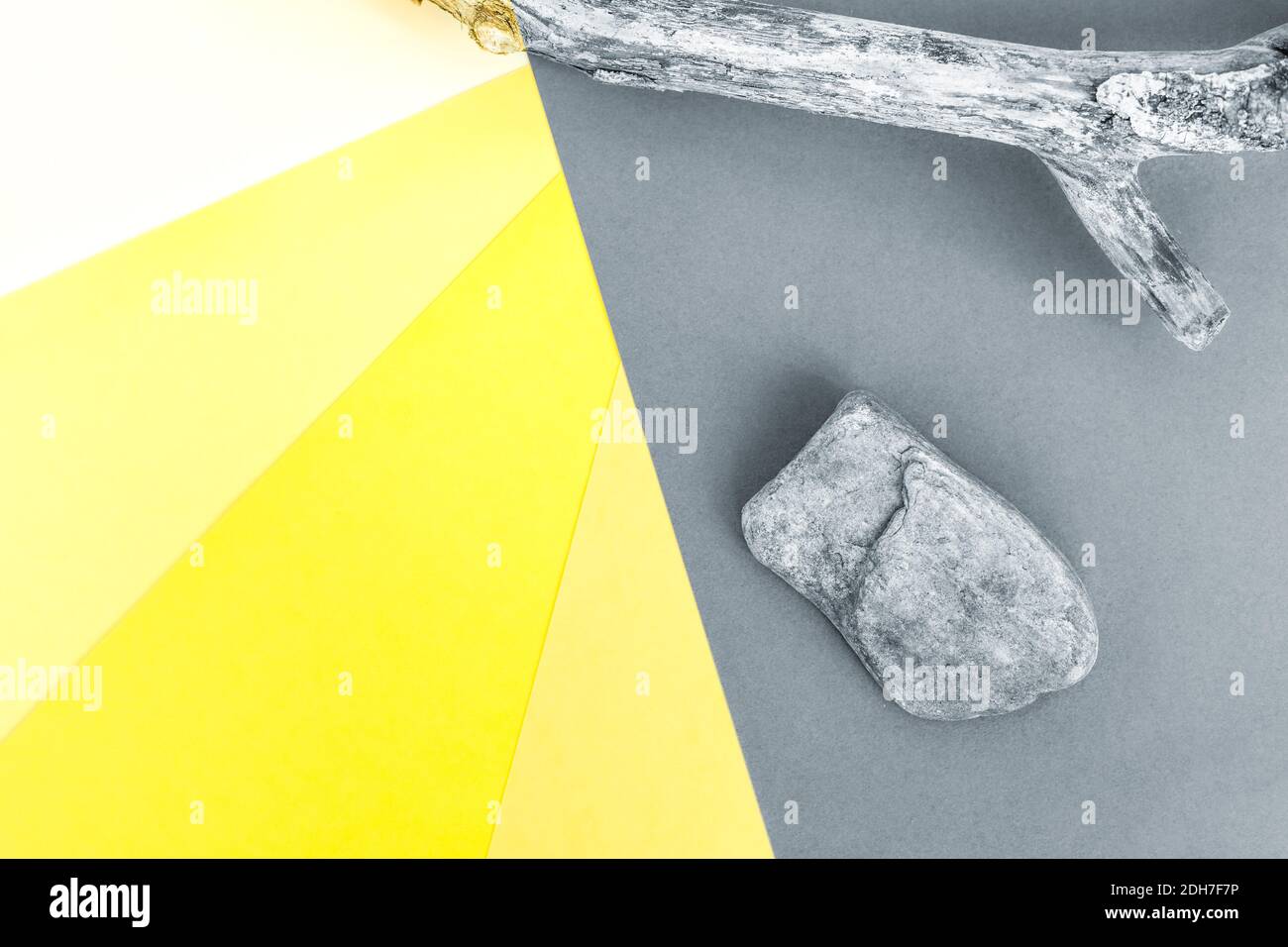Abstrakt buntes Papier Hintergrund. Grau und verschiedene Töne von gelbem Papier Hintergrund. Stein und trockener Baum Zweig. Trendige Farben Stockfoto