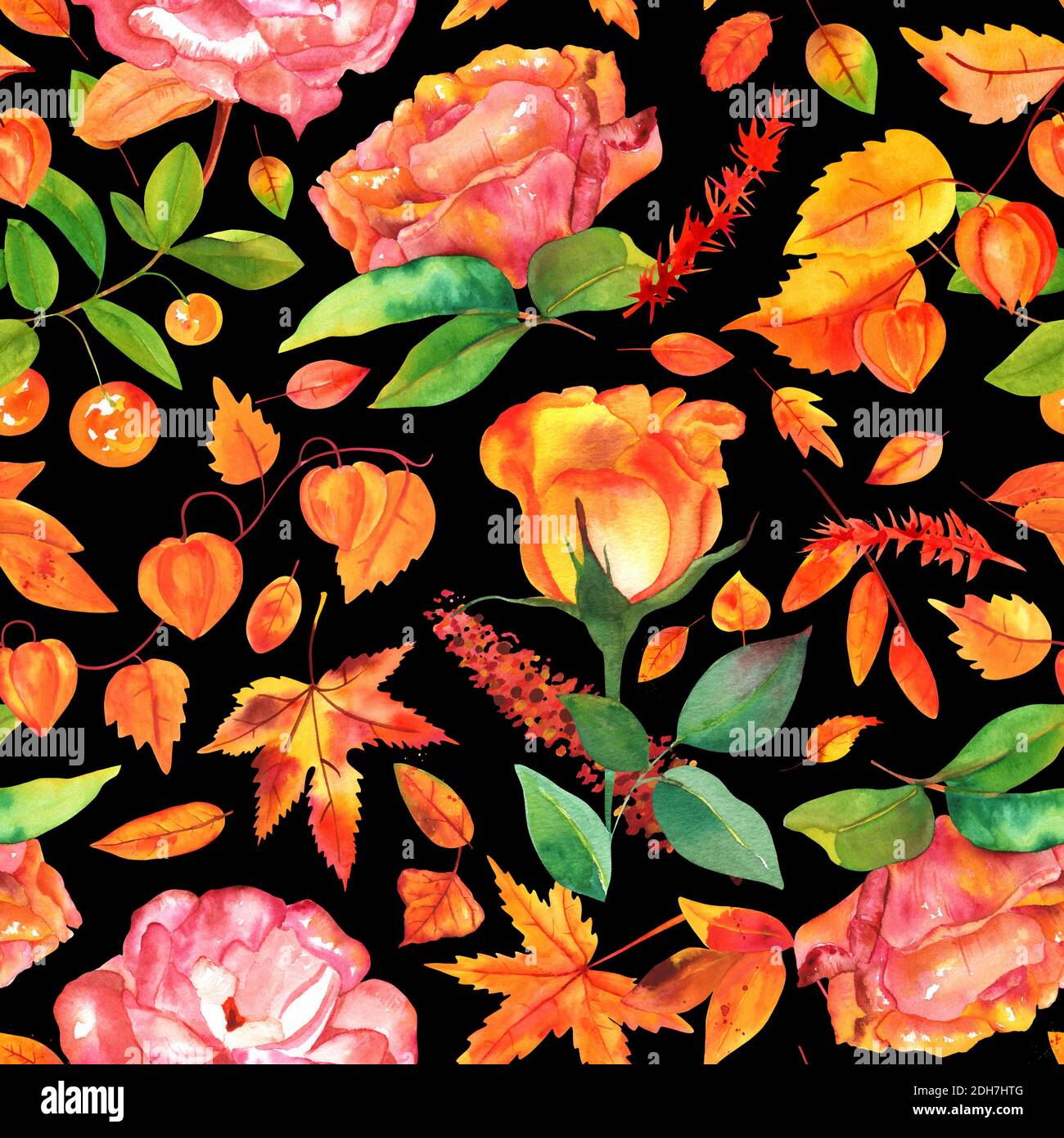 Nahtloses Muster mit wasserfarbenen Herbstblättern und Blüten Stockfoto