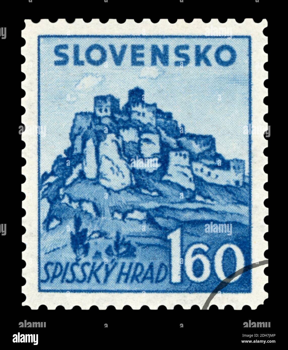 SLOWAKEI - UM 1943: Eine in der Slowakei gedruckte Briefmarke zeigt die Ansicht der Burg Spis, um 1943. Stockfoto
