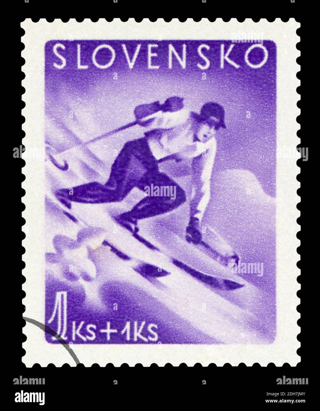 SLOWAKEI - UM 1939 : abgesagte Briefmarke gedruckt von der Slowakei, das zeigt Mann Skifahren , um 1939. Stockfoto