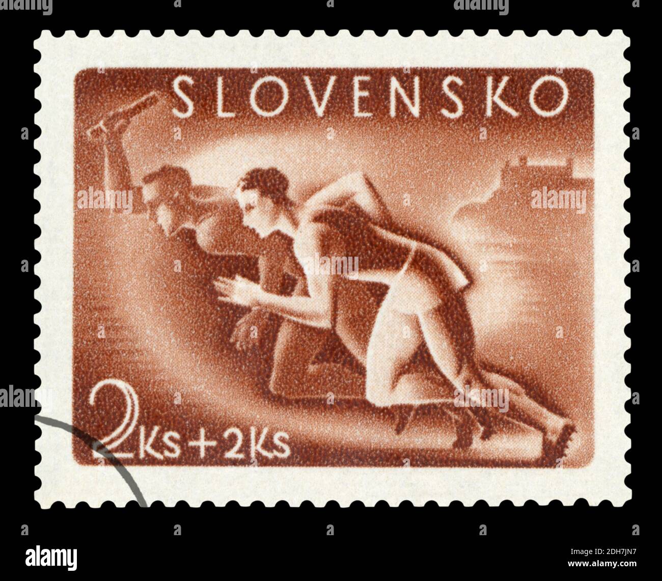 SLOWAKEI - UM 1939 : abgesagte Briefmarke gedruckt von der Slowakei, die zwei Läufer zeigt, um 1939. Stockfoto
