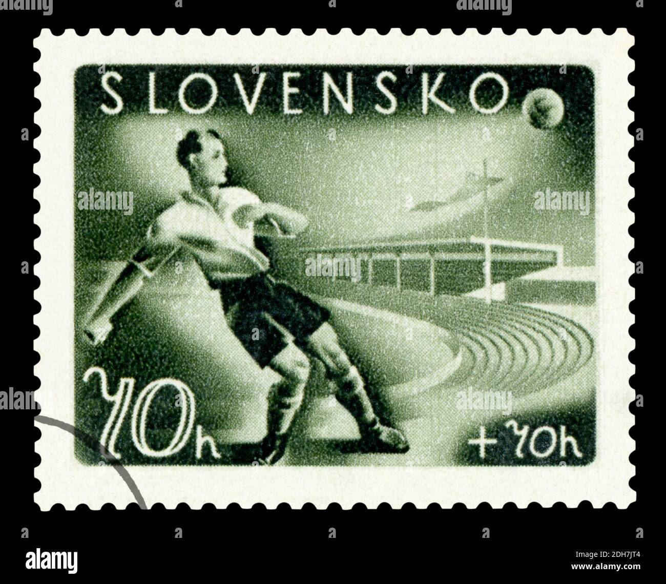 SLOWAKEI - UM 1939 : abgesagte Briefmarke gedruckt von der Slowakei, die Fußballspieler zeigt, um 1939. Stockfoto