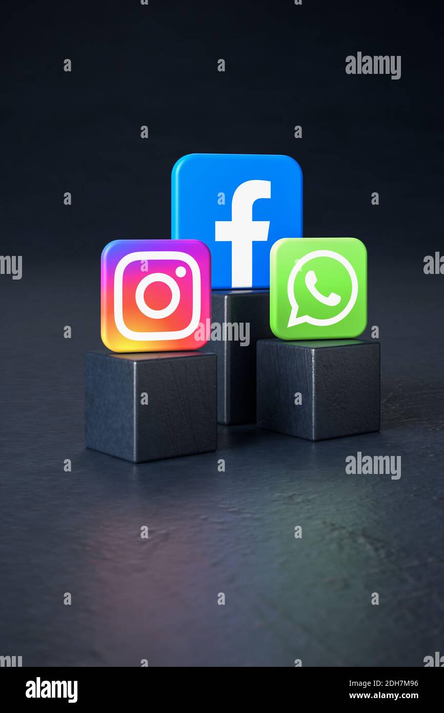 Logos der Social Media Unternehmen Facebook, Instagram und Whatsapp. Instagram und Whatsapp gehören zur Facebook-Gruppe, deshalb ist Facebook bei Stockfoto