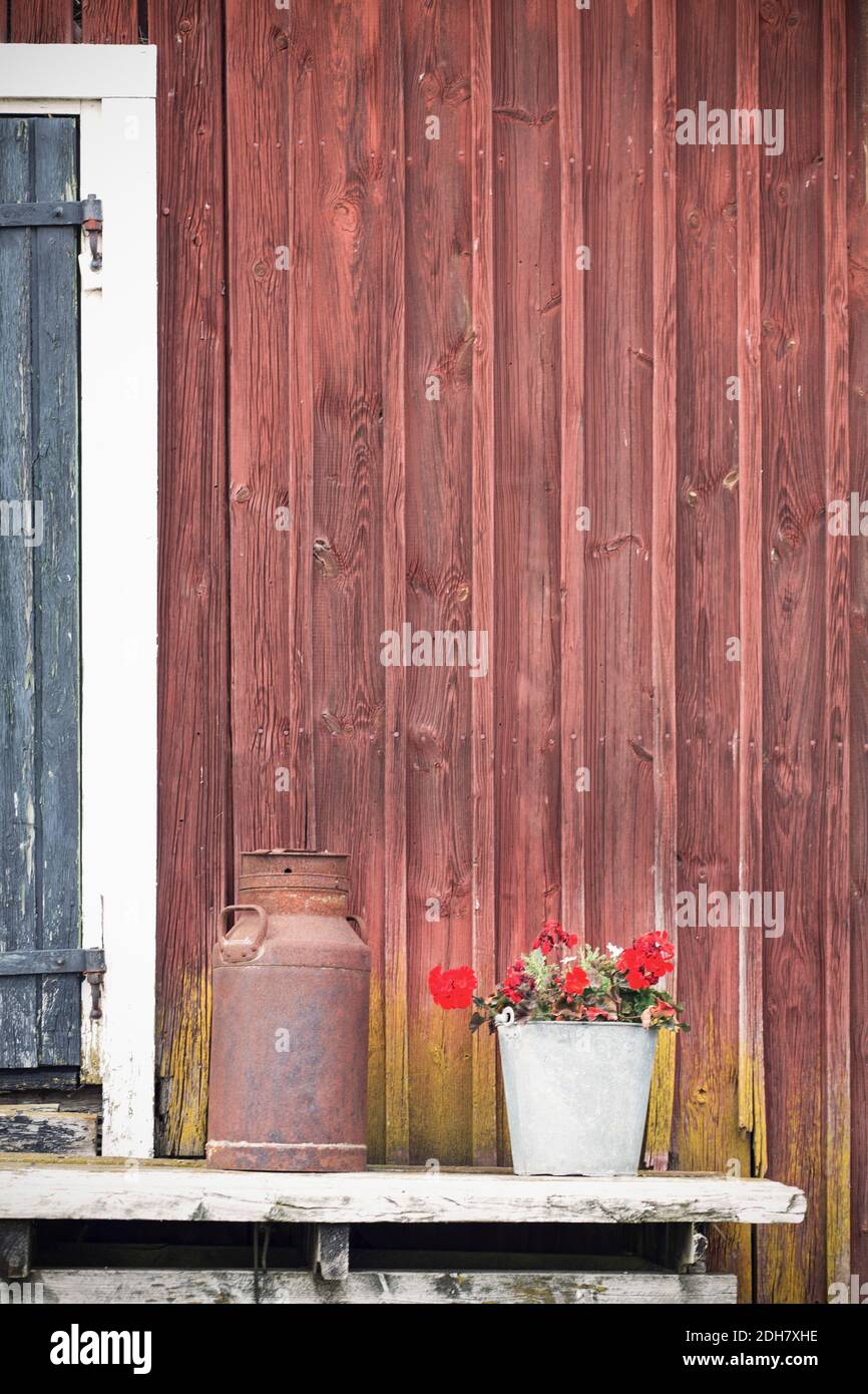 Blumentopf und rostiger Behälter außerhalb der Scheune Stockfoto