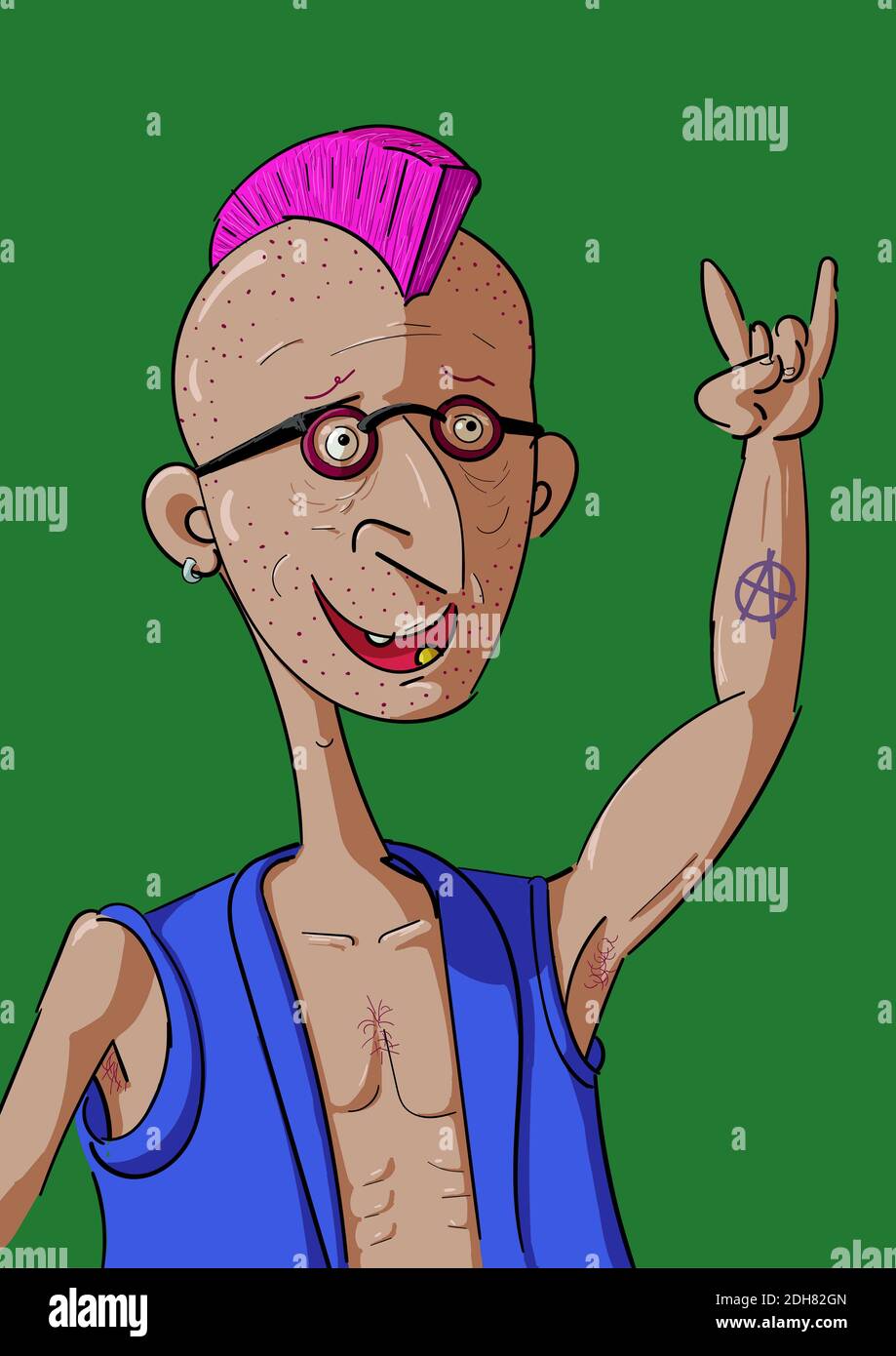 Lustige Illustration eines älteren Punkers mit rosa Haaren Stockfoto