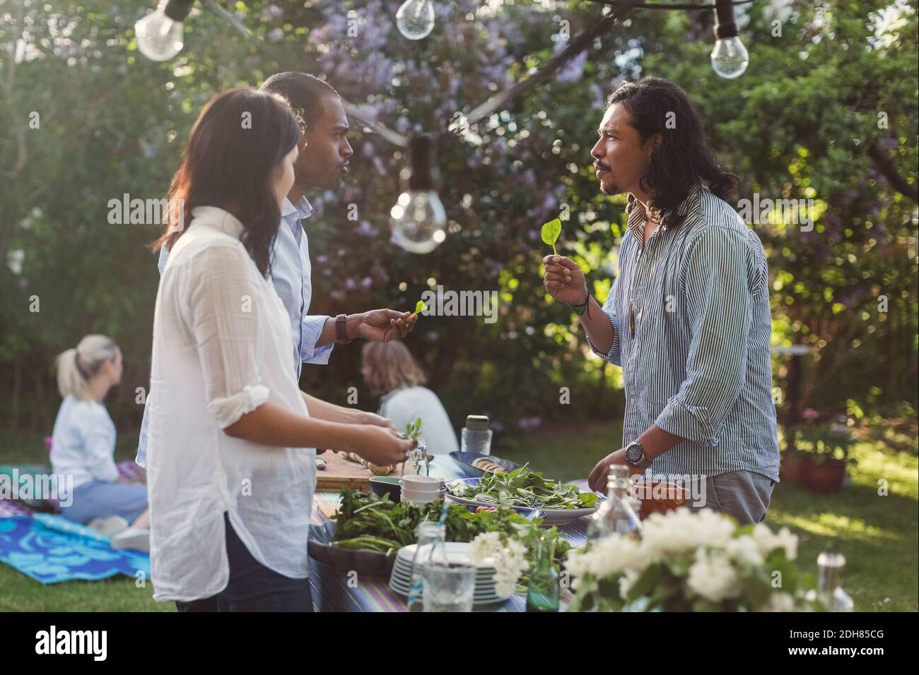 Multiethnische Freunde sprechen während Gemüse im Garten schneiden im Sommer Party Stockfoto