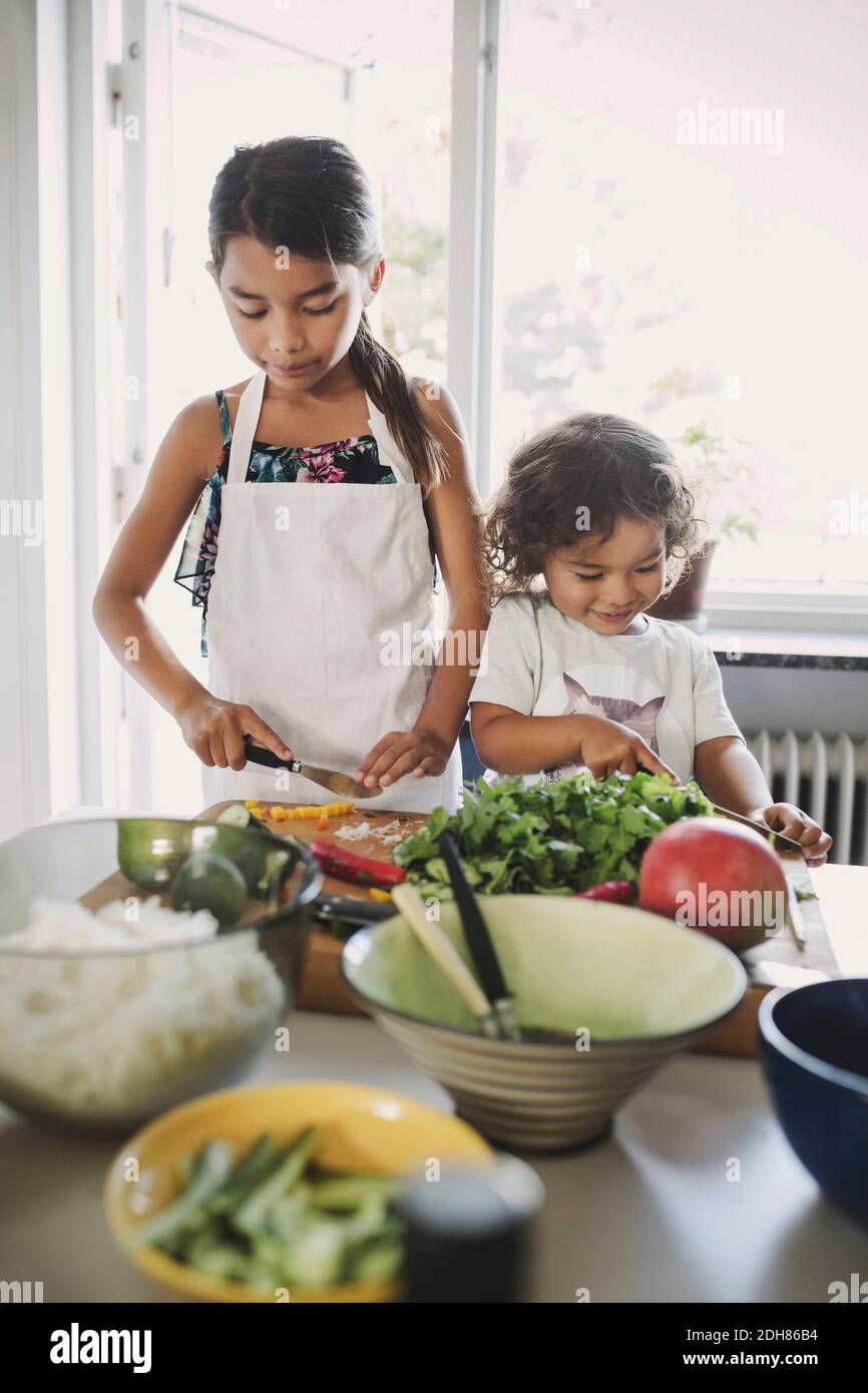 Schwestern hacken Gemüse während der Zubereitung von Essen am Tisch Stockfoto