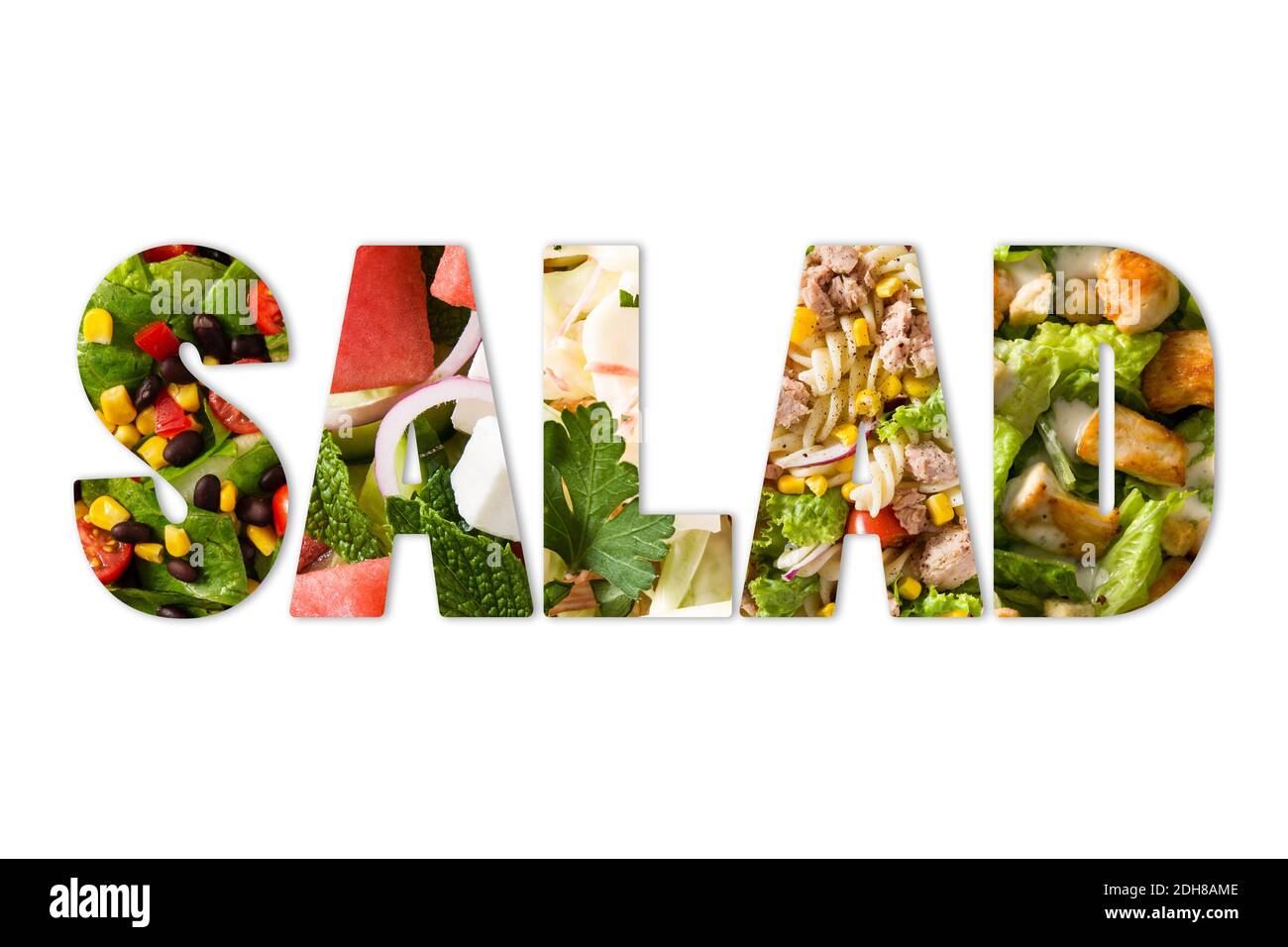 Das Wort Salat Composite mit verschiedenen Salat Fotos im Inneren Stockfoto