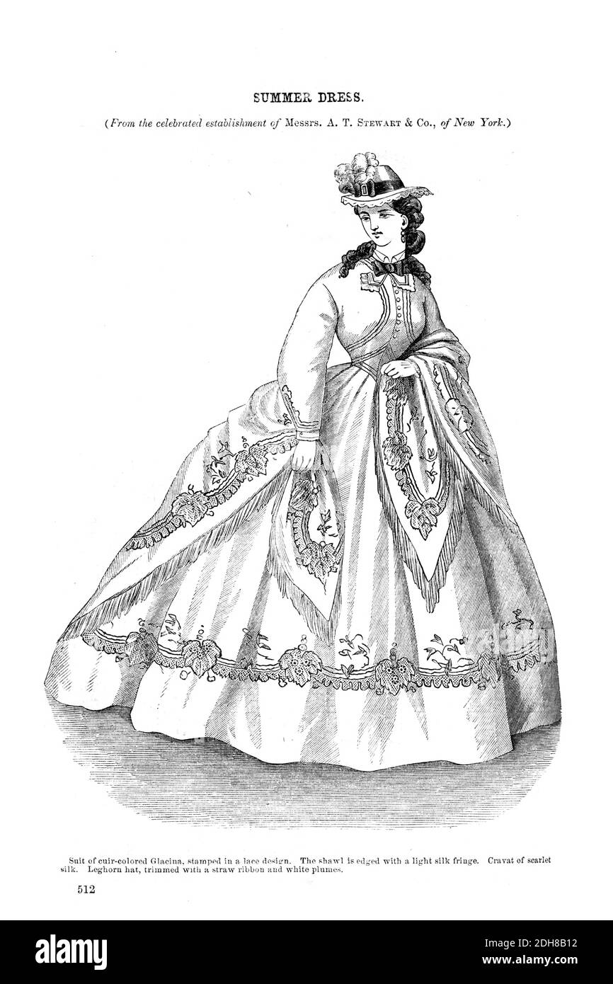 Sommerkleid Godeys Mode für den Sommer 1864 aus Godeys Lady's Book and Magazine, June 1864, Philadelphia, Louis A. Godey, Sarah Josepha Hale, Stockfoto