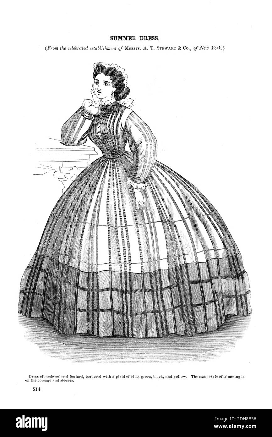 Sommerkleid Godeys Mode für den Sommer 1864 aus Godeys Lady's Book and Magazine, June 1864, Philadelphia, Louis A. Godey, Sarah Josepha Hale, Stockfoto