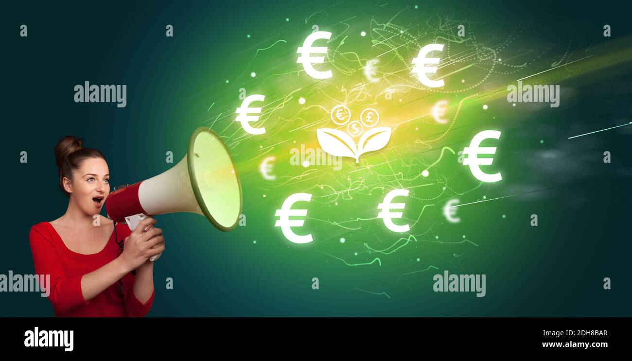 Junge Person schreit in Megaphon und Währung Blume Ikone, Wechselstube Konzept Stockfoto