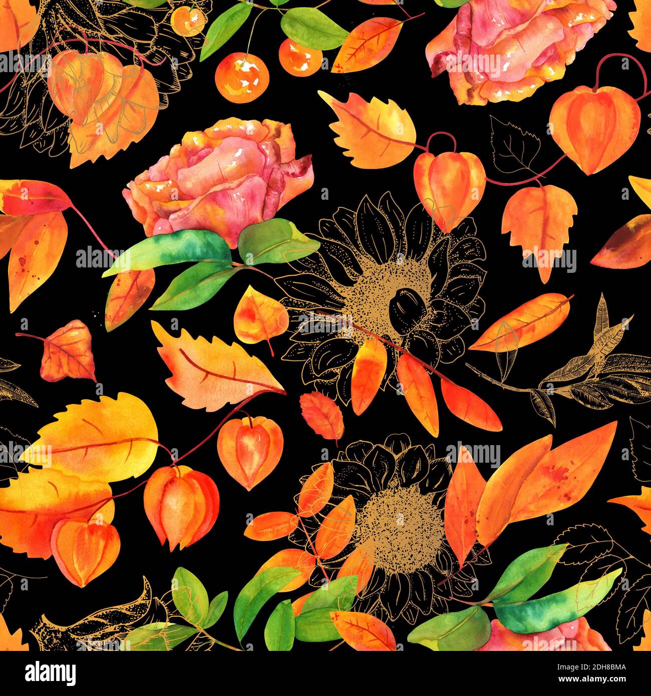 Nahtloses Muster mit wasserfarbenen Herbstblättern und Blüten Stockfoto