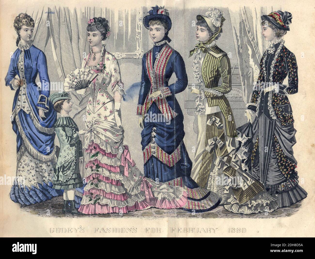 Farbzeichnung von Godeys Damenmode für Februar 1880 aus Godeys Lady's Book and Magazine, 1880 Philadelphia, Louis A. Godey, Sarah Josepha Hale, Stockfoto