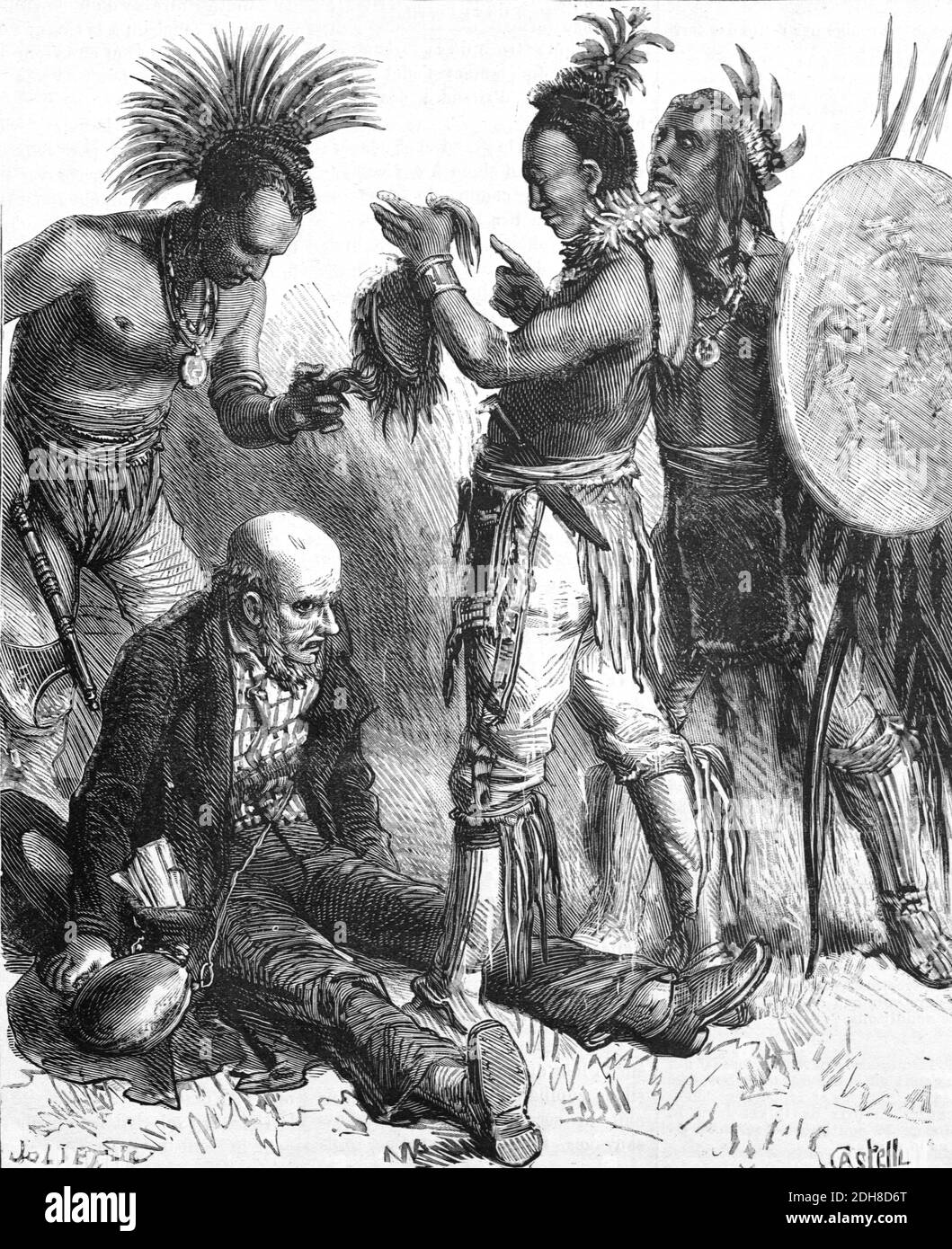 Indianer, First Nation Menschen oder Indianer Scalping europäischen Siedler oder überrascht von Perücke getragen von bald man (engr 1880 Castelli) Vintage Illustration oder Gravur Stockfoto