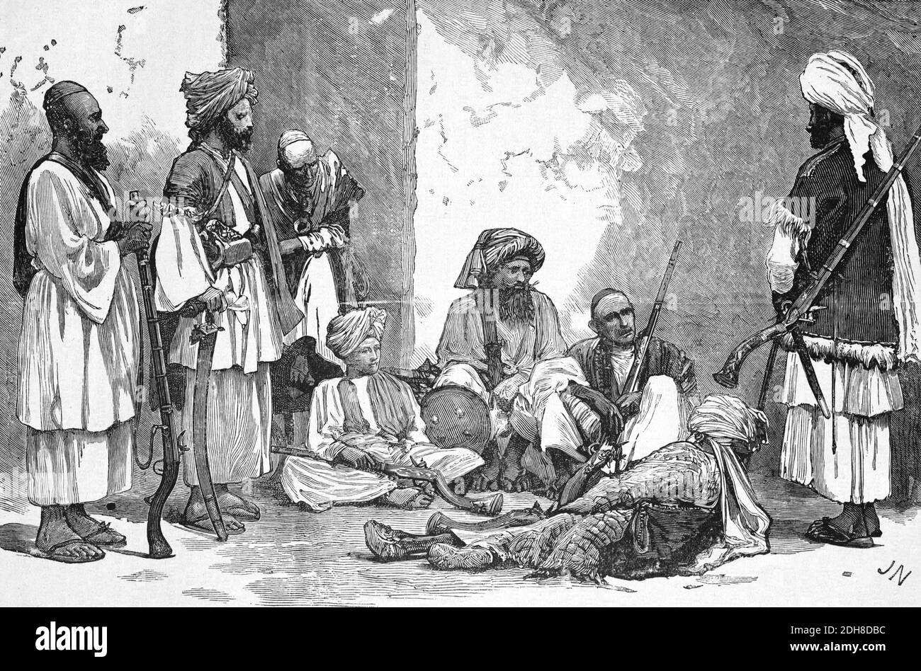 Gruppe afghanischer Assidis-Soldaten oder Mudschaheddin am Khyber-Pass Afghanistan (engr 1880) Vintage Illustration oder Gravur Stockfoto