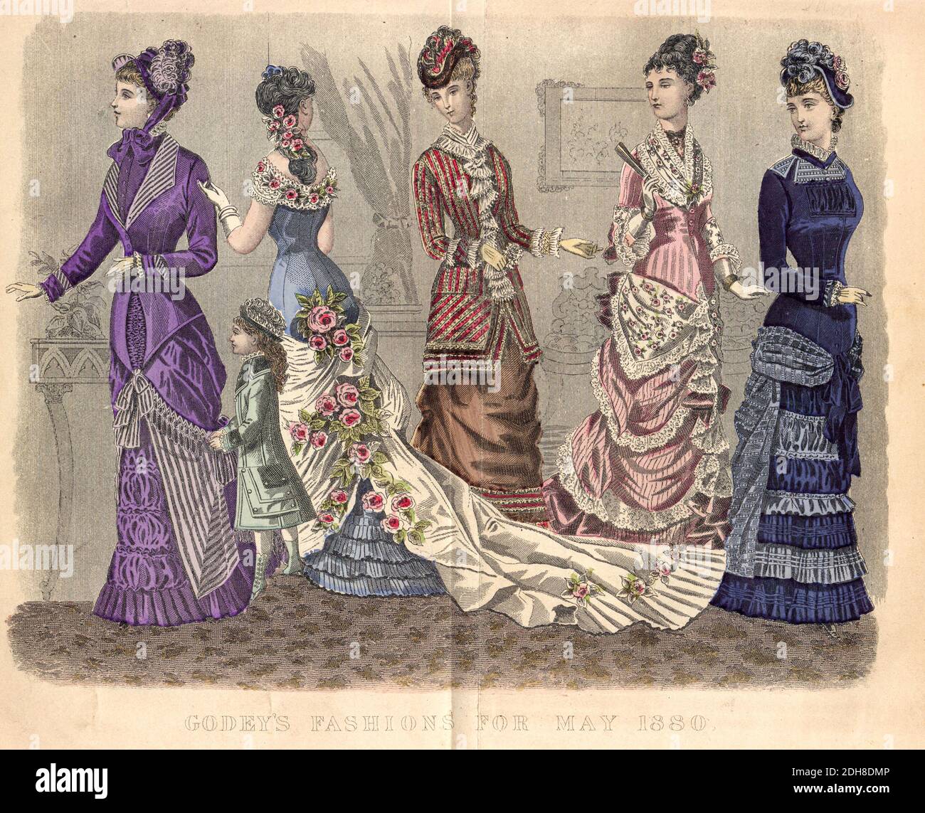 Farbzeichnung von Godeys Damenmode für Mai 1880 aus Godeys Lady's Book and Magazine, 1880 Philadelphia, Louis A. Godey, Sarah Josepha Hale, Stockfoto
