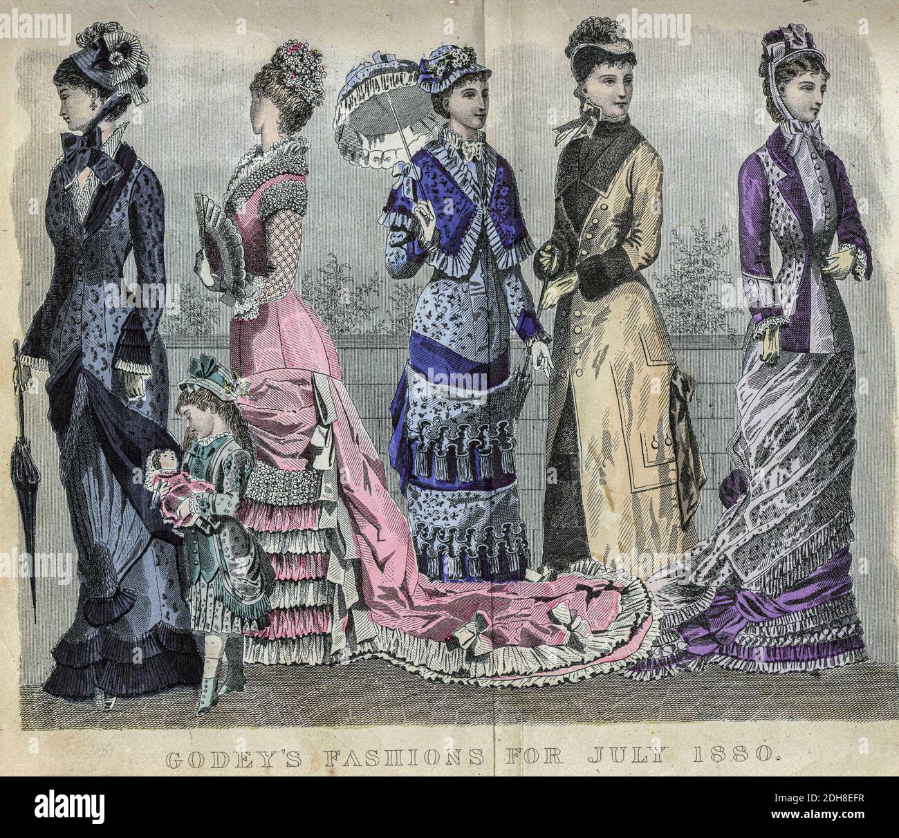 Farbzeichnung von Godeys Damenmode für Juli 1880 aus Godeys Lady's Book and Magazine, 1880 Philadelphia, Louis A. Godey, Sarah Josepha Hale, Stockfoto